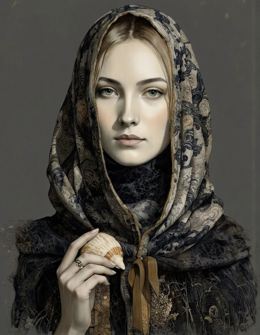 . A realistic and detailed pencil drawing of a woman from a portrait camera angle, capturing a serene and contemplative moment. the woman, who appears to be in her mid-twenties, is positioned in the middle of the image, with her upper body facing the viewer. she is wearing a dark, ornate outfit with intricate patterns and a matching headscarf that covers her face and neck. her hair is styled in a mohawk-like fashion, and she is holding a small, seashell in her right hand. her eyes are looking directly at the viewer, with a neutral expression. the background is a simple, dark grey, providing a subtle contrast to the woman's striking features. the drawing is signed "e. barry" in the bottom left corner, adding a personal touch to the artwork.