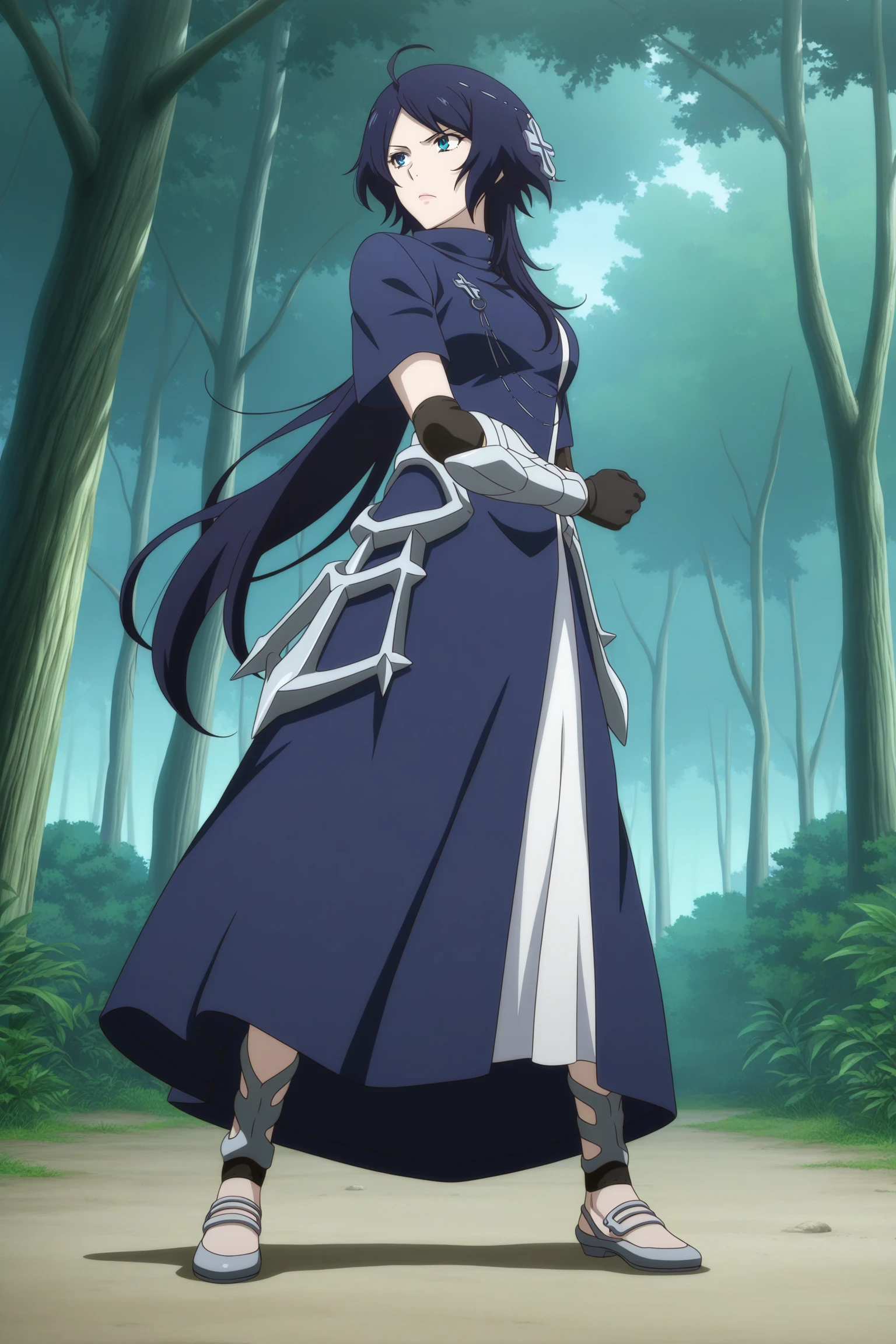 masterpiece, best quality, amazing quality, highres, absurdres, very aesthetic, high resolution, ultra detailed, perfect details, 1girl, solo, day, outdoors, forest, mora chester, very long hair, blue hair, head chain, cross hair ornament, ahoge, single sidelock, parted bangs, blue eyes, short sleeves, blue coat, long coat, jewelry, elbow pads, arm guards, black gloves, faulds, shin guards, flats, <lora:Mora_Chester_ILXL:0.8>, (aged up:1.2), (full body:1.5), looking away, serious, (anime coloring:1.2), (anime screencap:1.5), dynamic pose, from side