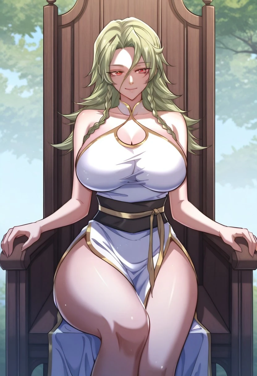 1fille,seulement,Fille gobelin,cheveux blanc, queue de cheval, poils courts,yeux vert,colored skin,vert ,huge breasts,Areola,suffisant,couronne,War axe in hand, tenue de barbare,Ring earrings,dedans,assis,Throne
