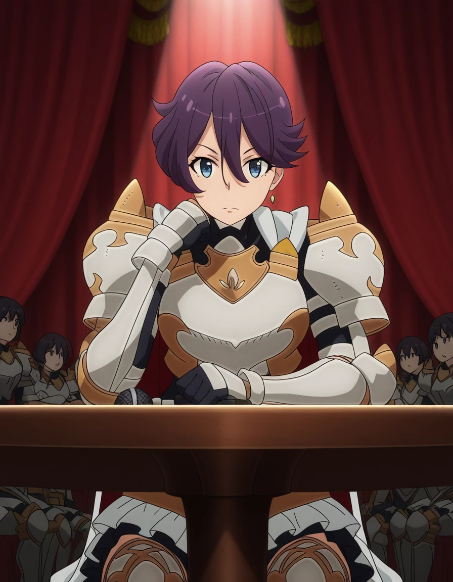 masterpiece, best quality, amazing quality,, <lora:beefeater-e-caty-s2-illustriousxl-lora-nochekaiser:1>, beefeater e caty, short hair, purple hair, blue eyes, hair between eyes, mature female, medium breasts, anime screencap, skirt, gloves, cape, armor, shoulder armor, gauntlets,, sitting, elbow rest, table,, stage, curtains, spotlight, audience, microphone, cowboy shot, solo, looking at viewer