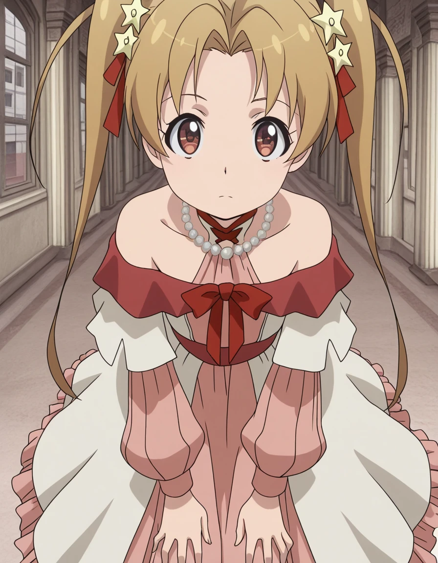 masterpiece, best quality, amazing quality,, <lora:sherry-tueli-s2-illustriousxl-lora-nochekaiser:1>, sherry tueli, long hair, brown hair, hair ornament, twintails, brown eyes, star (symbol), star ornament, anime screencap, dress, bare shoulders, jewelry, necklace, frills, long sleeves,, hands on own knees, Buildings, architecture, man_made, urban, interior, cowboy shot, solo, looking at viewer