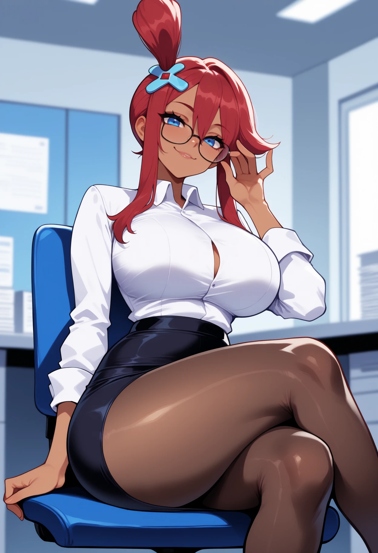 Mature beautiful woman,(Highest quality,Extremely detailed depiction,Incredibly absurd high resolution,Anatomically accurate depiction,Curvy Legs),(Glowing Skin,Shiny skin),(Office Lady,An excellent female secretary,Villainess),(business suit,Tight Skirt,Formal Shirt,High heels,Black Pantyhose,Luxurious accessories,Glasses),eyelash,(Purple eyes,Detailed pupil,Half-closed eyes:1.3,There is cleavage in the chest,Wicked Smile,Glossy red lipstick,Sitting,Seductive gestures),whole body,(background:In the office,)