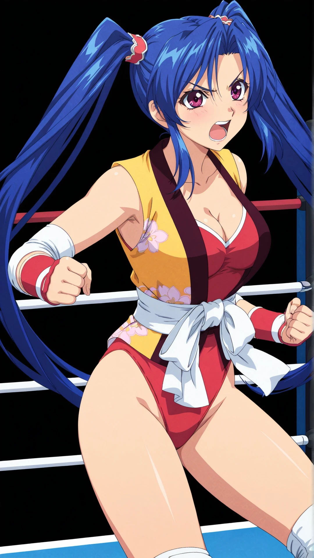 (((1 girl, white string bikini, white fingerless gloveasterpiece, 4k, ( location: in wrestling ring with crowd watching)), (high color saturation), contrast lighting, mature female, (curvy:0.8), huge breast , ((Squatting, spread your legs)),raise arms, Arms behind head, solo, anime style, sharp focus, professional artwork,trending on pixiv, detailed bold arm lines, high color saturation, bold lines, bold drawing lines), (head tilt), open mouth, happy), red eyes, ((blue hair color:1.1), wavy hair, ((long hair)), (white skin, (fair skin), slender body, milf, perfect face), (legs, big breasts, off-shoulders, (detailed shoulders, detailed arm lines)), (bare shoulders, bare legs),