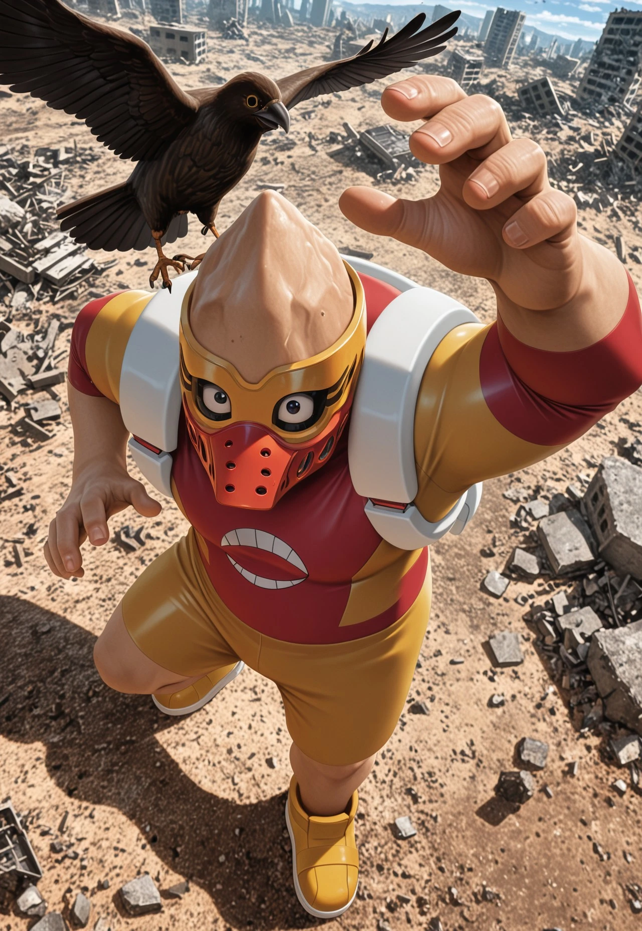 masterpiece,best quality,absurdres,newest,perfect quality,best quality,absolutely eye-catching,detailed background,intricate details,realistic,kojikoda,solo,full body,1boy,superhero,bara,black eyes,bodysuit,red shirt,yellow shorts,yellow footwear,mask,shoulder strap,looking at viewer,BREAK,(extreme perspective,dynamic composition,dynamic pose,wasteland,rubble,bird:1.2)