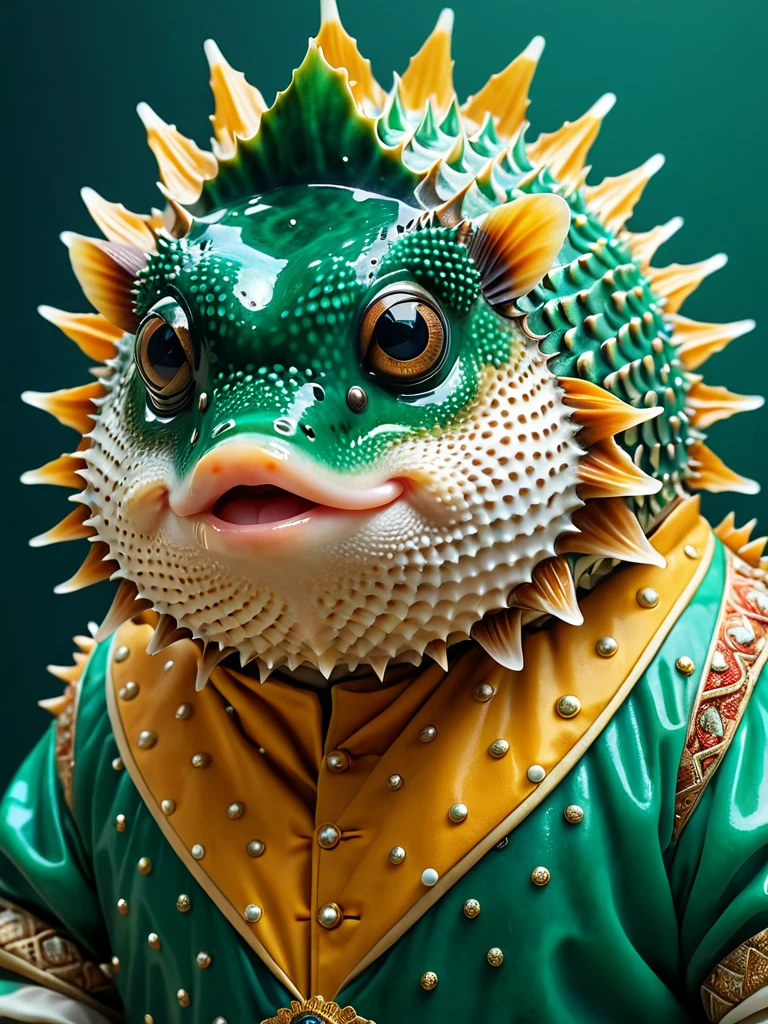 (best quality, absurdres, masterpiece), high quality, photo realistic, 4k, Fantastic lighting. Detailed shadows, vivid colors, ultra-sharp, 8k , intricate details, Pufferfish trying on spiky outfits made of jade ,
<lora:Obsidian_Jade_Style:0.8> <lora:moreToppingsCaptioned-SDXL:0.5>