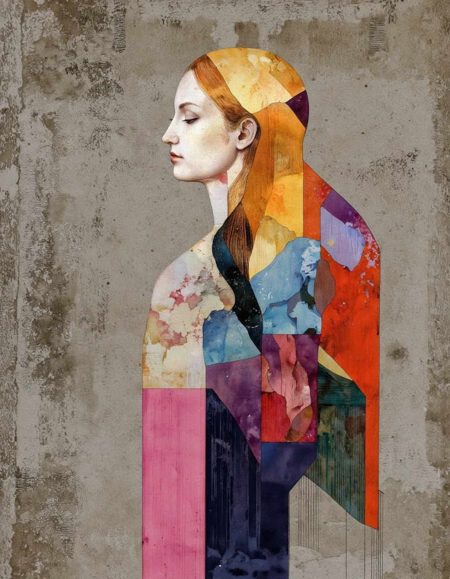 . A vibrant and colorful abstract portrait of a woman with a geometric design, featuring a blend of geometric shapes and colors that create a sense of depth and dimension. the woman is depicted in a profile view, with her eyes closed and a serene expression, standing in the middle of the image. her long, flowing hair is composed of multiple geometric shapes in shades of orange, yellow, pink, blue, and purple, creating a dynamic and abstract composition. the background is a textured concrete surface with a rough, textured surface, adding to the overall sense of realism and depth. the style is reminiscent of modern abstract art, with a focus on geometric patterns and vibrant colors that bring out the subject's beauty and elegance. the overall effect is one of serenity and tranquility, making this a captivating and captivating piece of art.