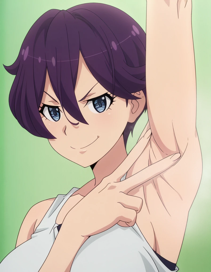 masterpiece, best quality, amazing quality,, <lora:beefeater-e-caty-s2-illustriousxl-lora-nochekaiser:1>, beefeater e caty, short hair, purple hair, blue eyes, hair between eyes, mature female, medium breasts, anime screencap, <lora:spread-armpit-illustriousxl-lora-nochekaiser:1>, spread armpit, armpits, armpit focus, v, looking at viewer, smug, steam,,