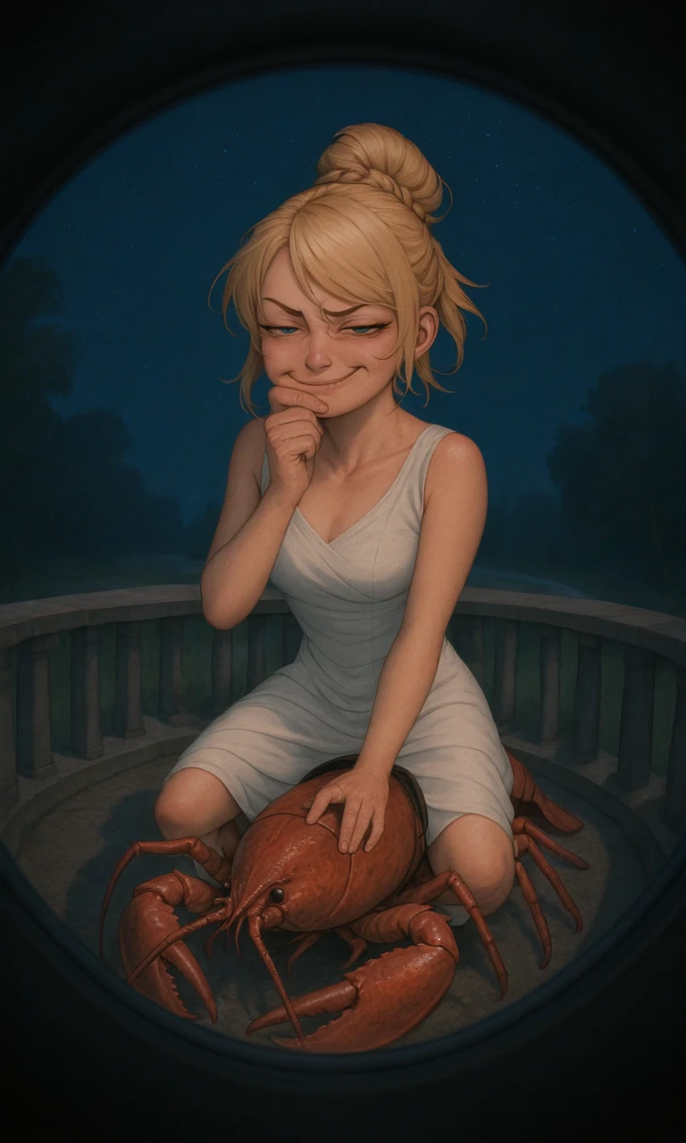embedding:IllusP0s, pov peephole, riding lobster, fisheye, Lunafreya Nox Fleuret, 1girl, blonde hair, hair up, braid, asymmetrical bangs, sleeveless dress, white dress, blue eyes, rubbing chin, smug, smirk, half-closed eyes, UZ_Krysdecker, detailed, volumetric light, perfect light, shadows, chiaroscuro lighting, outdoors, night,<lora:Krysdecker_style_v3.safetensors:0.8:0.8> <lora:Lunafreya_Nox_Fleuret_ill.safetensors:0.8:0.8> <lora:pov peephole_riding lobster_fisheye_illustrious.safetensors:1:1>