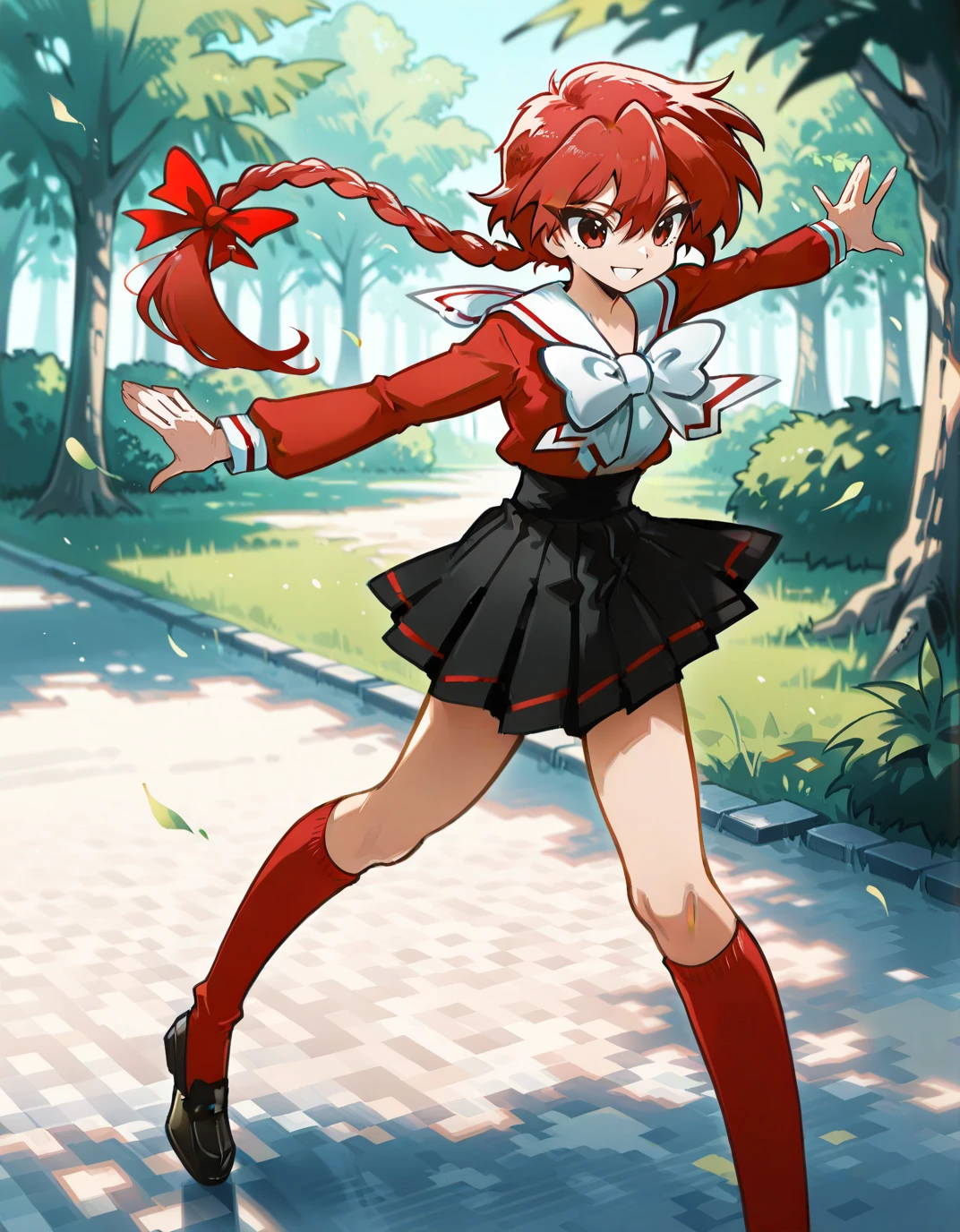 solo,
<lora:AEShakeeeeeeeee:1>
<lora:AEHikaruillx:1> AEHikaru, red eyes, red hair, braided ponytail, hair between eyes, hair ribbon, long braid, long hair, single braid, school uniform, serafuku, white bowtie, white sailor collar, red shirt, red bow, ribbon, long sleeves, black skirt, pleated skirt, kneehighs, red socks, black footwear, smile, outdoors, outstretched arms, spread arms,, masterpiece, best quality, high quality, highres, 4k, newest, anime,