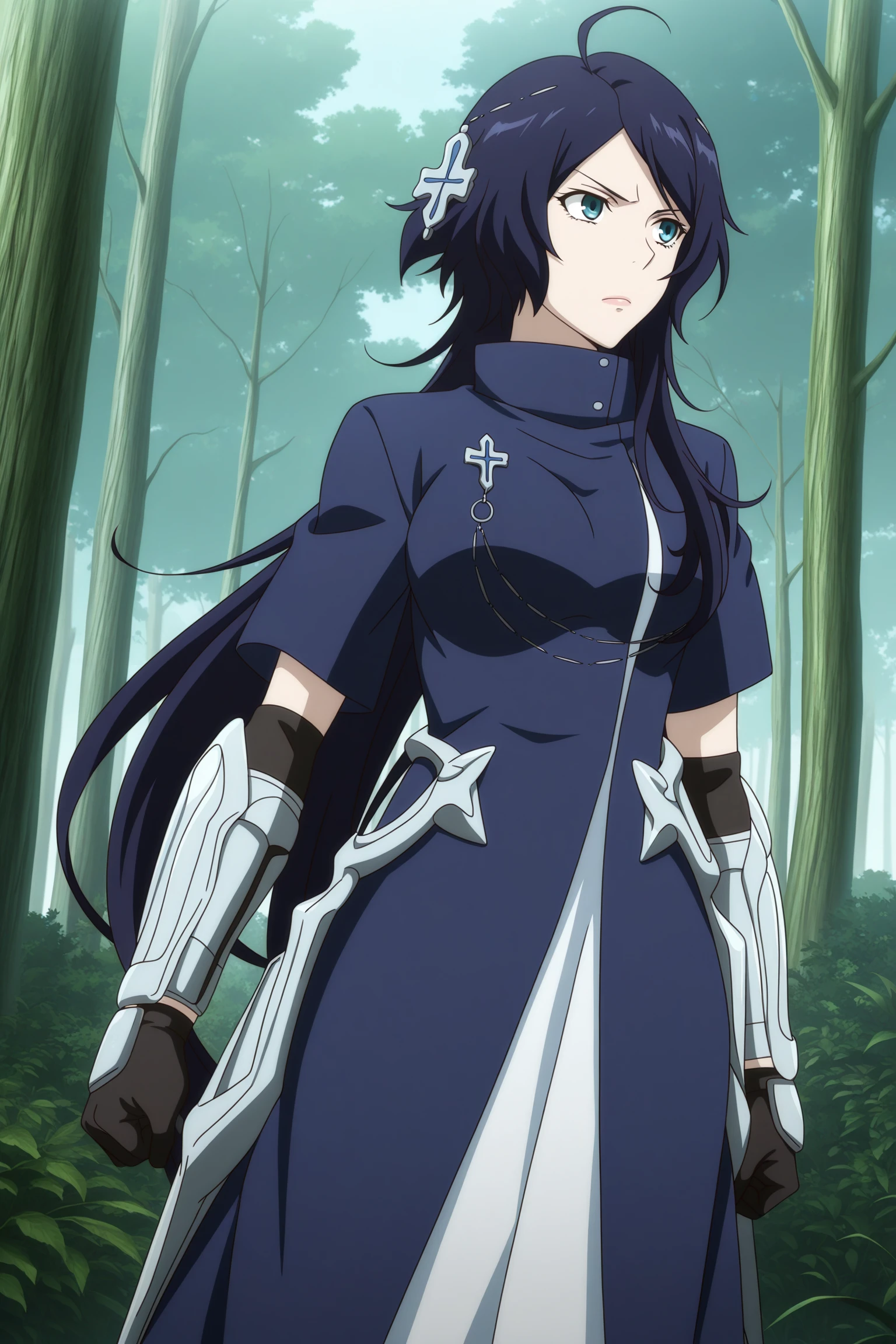 masterpiece, best quality, amazing quality, highres, absurdres, very aesthetic, high resolution, ultra detailed, perfect details, 1girl, solo, day, outdoors, forest, mora chester, very long hair, blue hair, head chain, cross hair ornament, ahoge, single sidelock, parted bangs, blue eyes, short sleeves, blue coat, long coat, jewelry, elbow pads, arm guards, black gloves, faulds, shin guards, flats, <lora:Mora_Chester_ILXL:0.8>, (aged up:1.2), (cowboy shot:1.5), looking away, serious, (anime coloring:1.2), (anime screencap:1.5), dynamic pose
