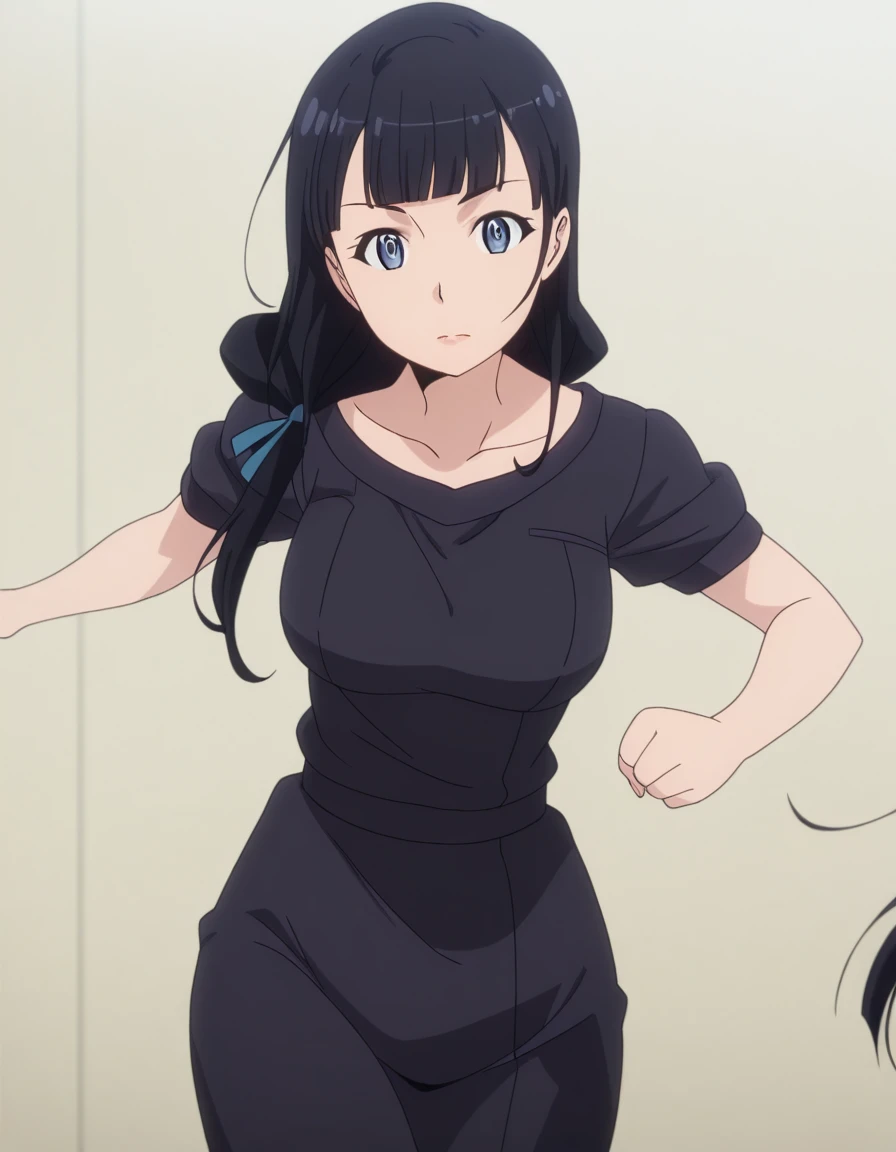 masterpiece, best quality, amazing quality,, <lora:mari-kurokawa-s1s2-illustriousxl-lora-nochekaiser:1>, mari kurokawa, long hair, bangs, blue eyes, black hair, ribbon, hair ribbon, blue ribbon, hair over shoulder, mature female, medium breasts, anime screencap, <lora:dynamic-pose-illustriousxl-lora-nochekaiser:1>, dynamic pose, fighting, cowboy shot,