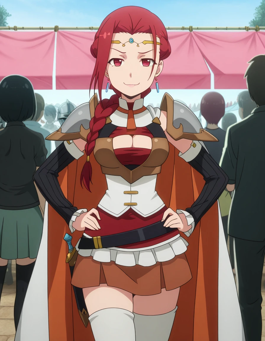 masterpiece, best quality, amazing quality,, <lora:pina-co-lada-s1s2-illustriousxl-lora-nochekaiser:1>, pina co lada, short hair, red eyes, red hair, braid, single braid, braided ponytail, mature female, medium breasts, anime screencap, skirt, thighhighs, cleavage, jewelry, earrings, detached sleeves, cape, armor, cleavage cutout, circlet,, smug, hands on own hip,, market, stalls, people, food, trade, cowboy shot, solo, looking at viewer