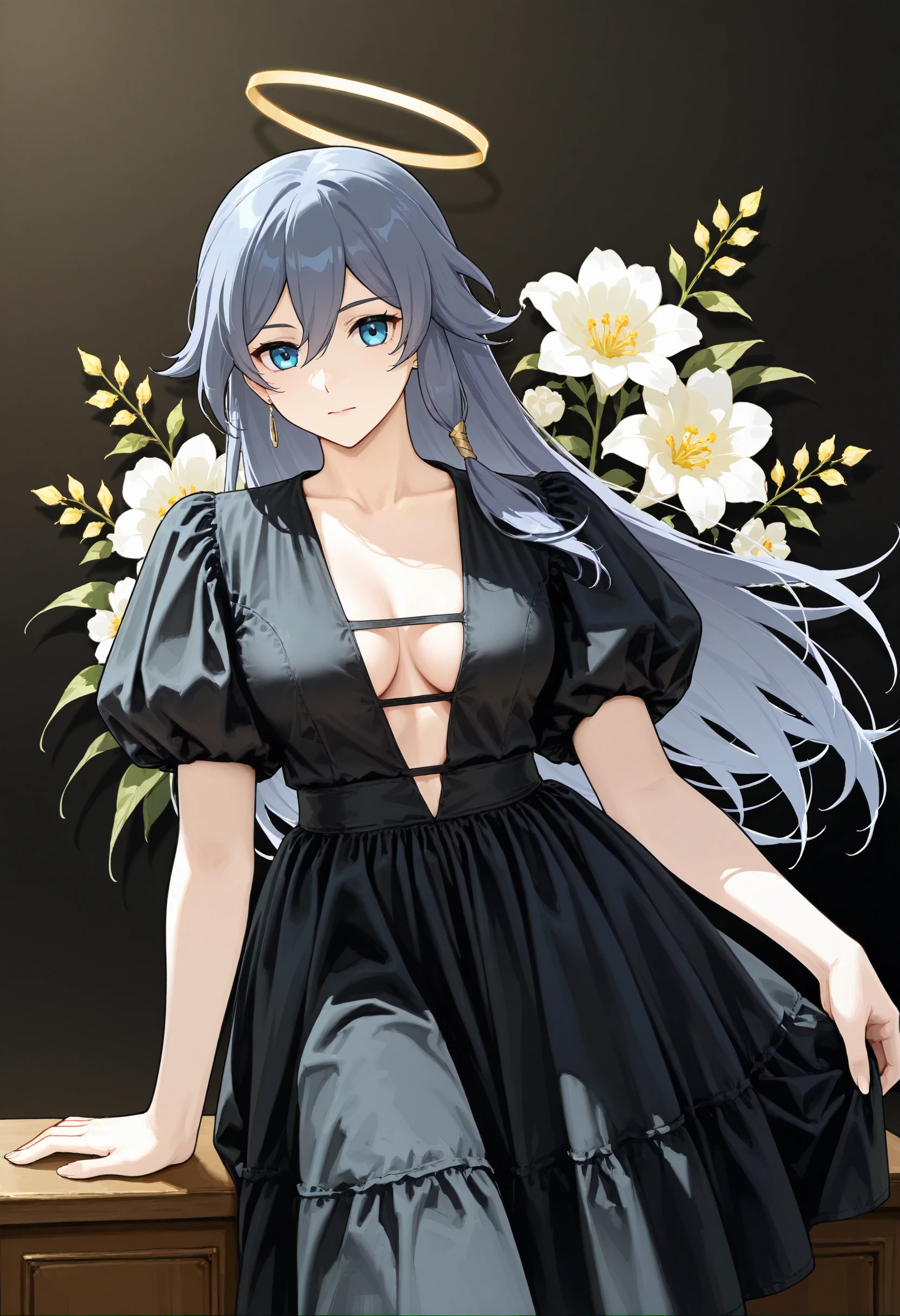 Bubble Sleeve V-Neck Dress Illust