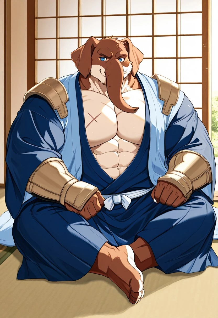 score_9,score_8_up,score_7_up,score_6_up, furry,male,anthro,elephant ,Meditate on the floor,is catching his own target satisfactorily,​ proboscis, full body complete , solo,male Tall​,Smile heartily., Meditate and relax, blue sakura​ Tree Garden, detailed eyes, proportionate body, Scar, easynegative, un1p4r451t3, Sandaimura kagehime, human elephant , blue eyes, blue kimono, haori , shoulder pauldrons, reed gauntlets,Meditate first, fully clothed, muscular male, buff, broad chest, broad shoulders, (a heavyweight bodybuilder 1.4) (hyper muscle:1.3), big abs, big pecs, big biceps, big calves, big thighs, veiny muscles, veins, anthro, alpha male, handsome, masculine, muscular, perfect face,