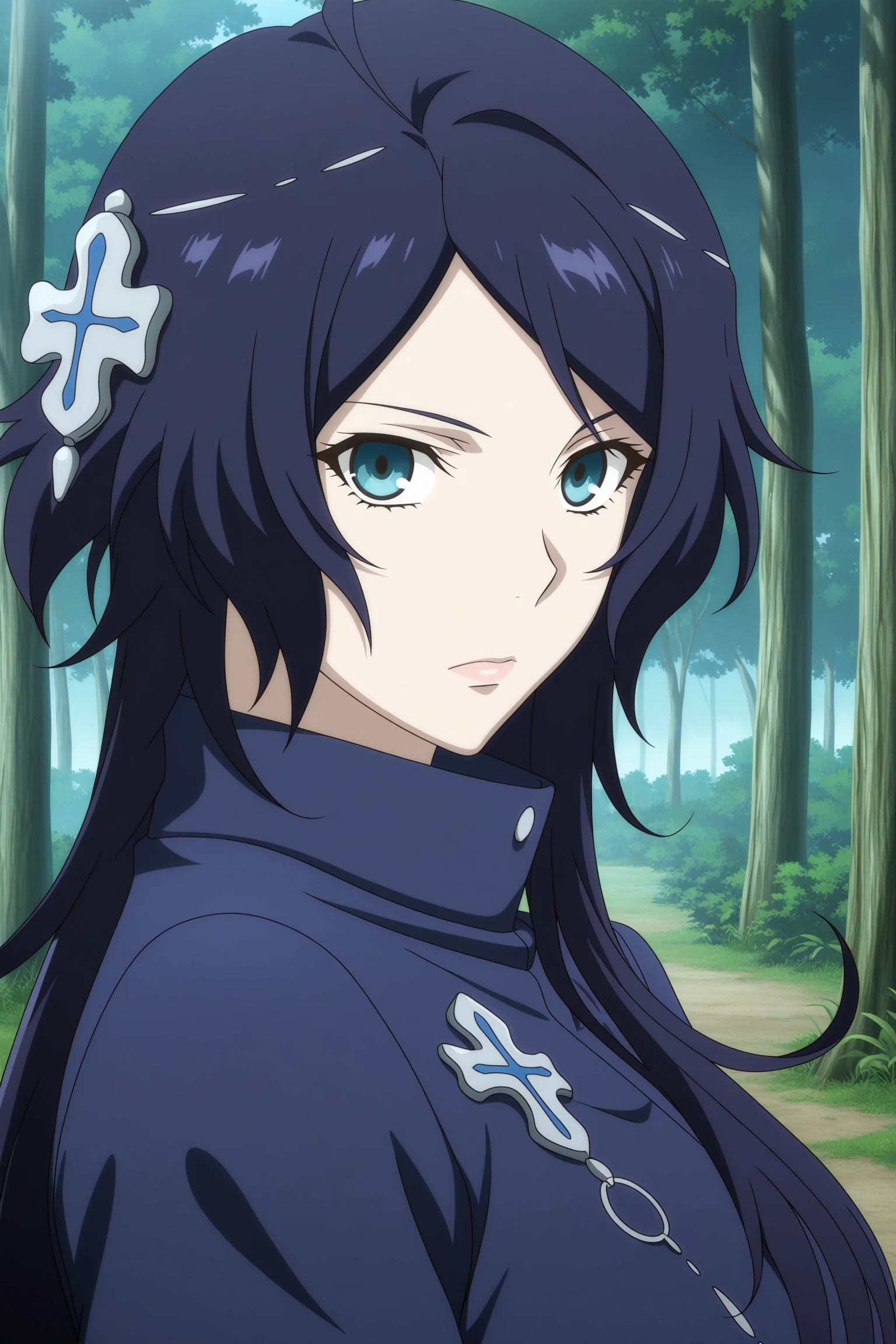 masterpiece, best quality, amazing quality, highres, absurdres, very aesthetic, high resolution, ultra detailed, perfect details, 1girl, solo, day, outdoors, forest, mora chester, very long hair, blue hair, head chain, cross hair ornament, ahoge, single sidelock, parted bangs, blue eyes, short sleeves, blue coat, long coat, jewelry, elbow pads, arm guards, black gloves, faulds, shin guards, flats, <lora:Mora_Chester_ILXL:0.8>, (aged up:1.2), (portrait:1.5), looking at viewer, emotionless, (anime coloring:1.2), (anime screencap:1.5), pose, from side
