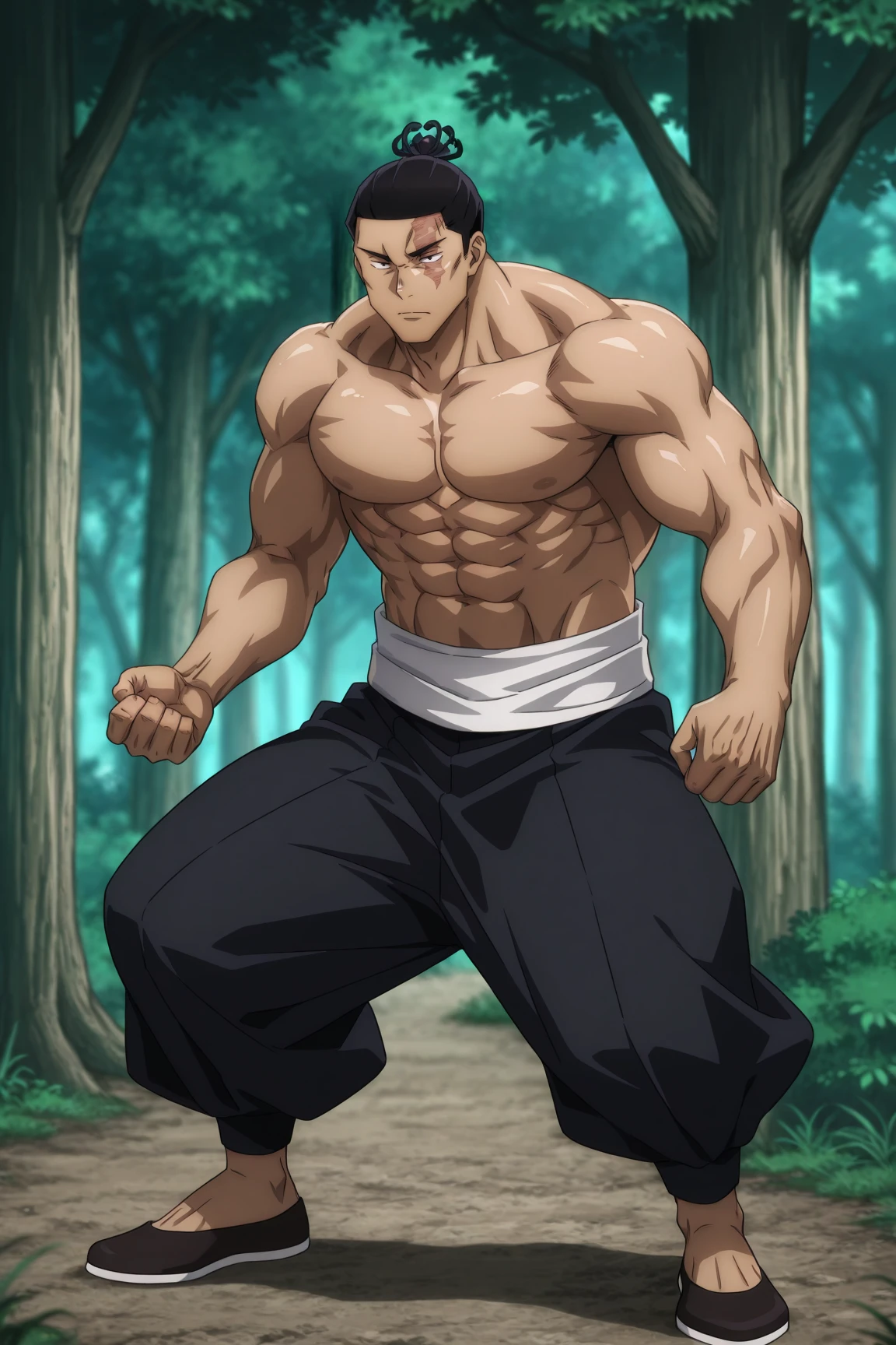 masterpiece,highres,high quality,extremely detailed,solo,
<lora:AoiTodo001:0.7>,
AoiTodo,1boy,
topless male,
sash,baggy pants, 
pumps,