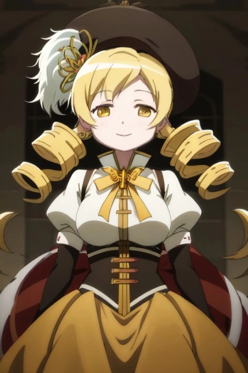 (masterpiece), tomoe mami, blonde hair, drill hair, twin drills, yellow eyes, 1girl, solo, smile, hair ornament, magical girl, hat, twintails, anime coloring
