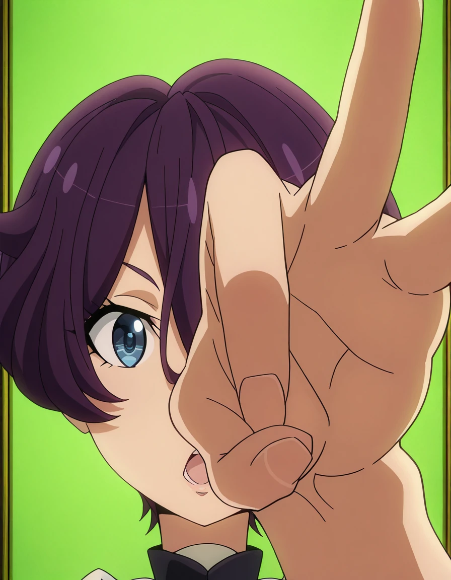 masterpiece, best quality, amazing quality,, <lora:beefeater-e-caty-s2-illustriousxl-lora-nochekaiser:1>, beefeater e caty, short hair, purple hair, blue eyes, hair between eyes, mature female, medium breasts, anime screencap, <lora:flick-illustriousxl-lora-nochekaiser:1>, flick, foreshortening, hand focus, open mouth, looking at viewer,,