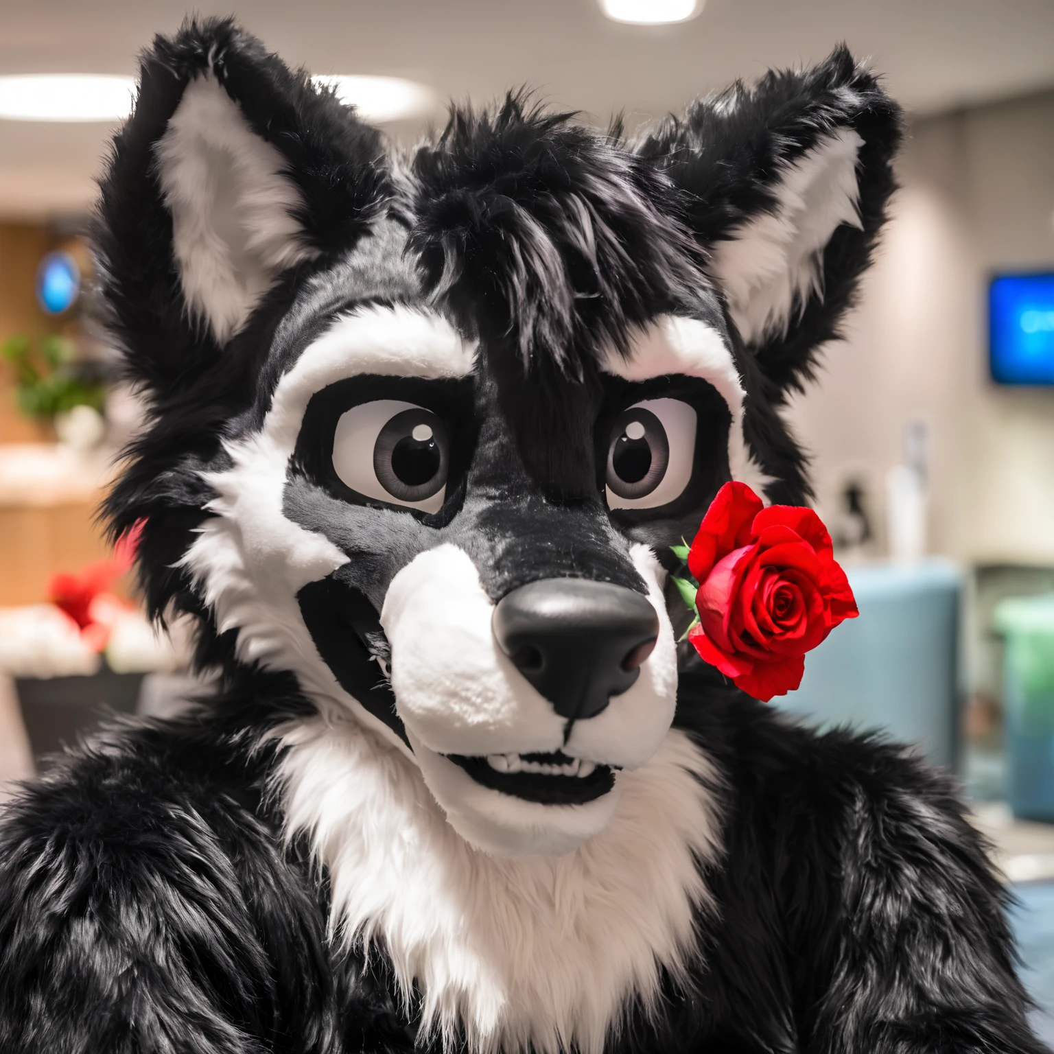 fursuit, toony fursuit, anthro wolf with black and white fur and a flower in its mouth, looking at viewer, flower, indoors, red flower, furry male, red rose, upper body, solo, furry, depth of field, blurry background, tilt head, warm light