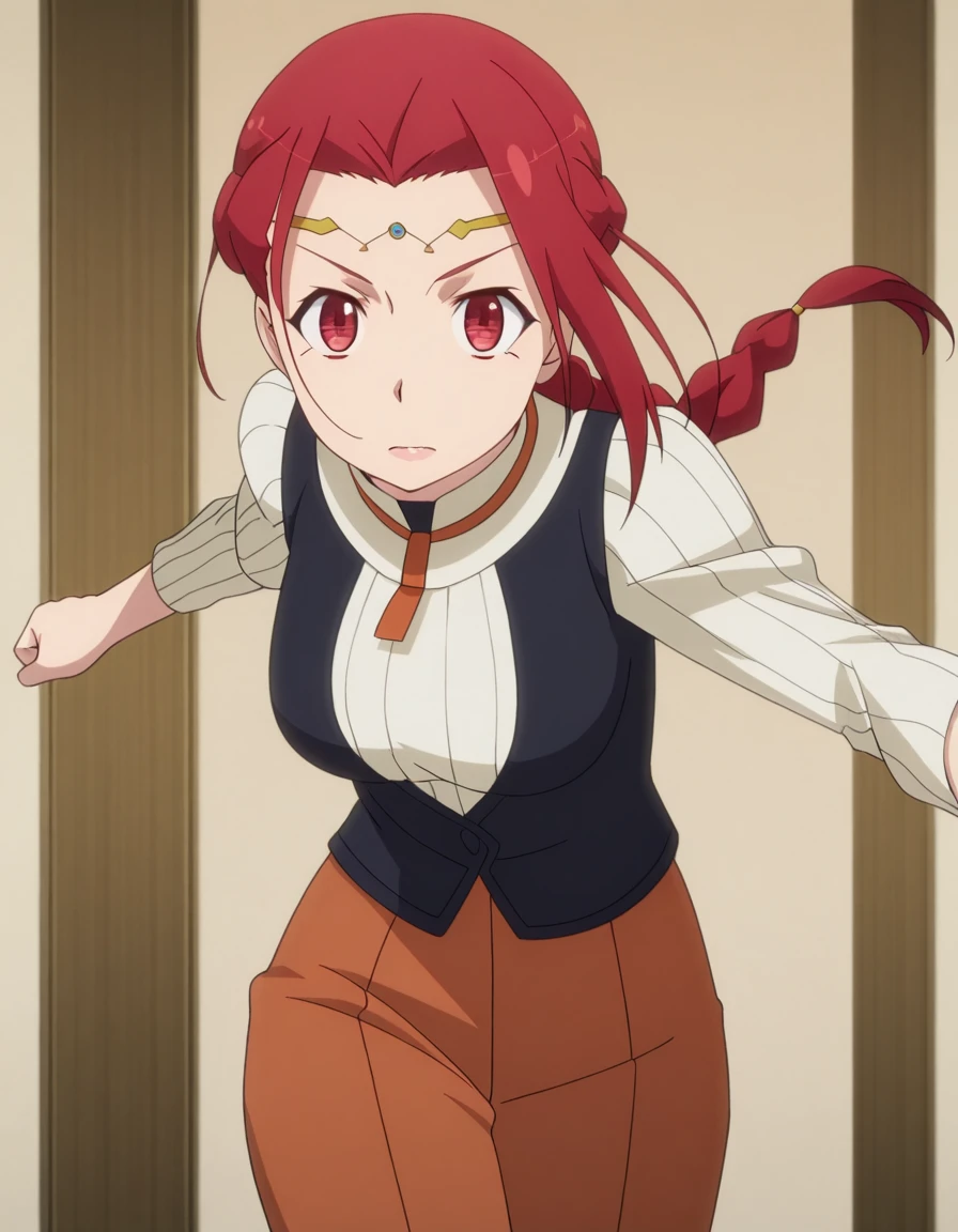 masterpiece, best quality, amazing quality,, <lora:pina-co-lada-s1s2-illustriousxl-lora-nochekaiser:1>, pina co lada, short hair, red eyes, red hair, braid, single braid, braided ponytail, mature female, medium breasts, anime screencap, <lora:dynamic-pose-illustriousxl-lora-nochekaiser:1>, dynamic pose, incoming attack, cowboy shot,
