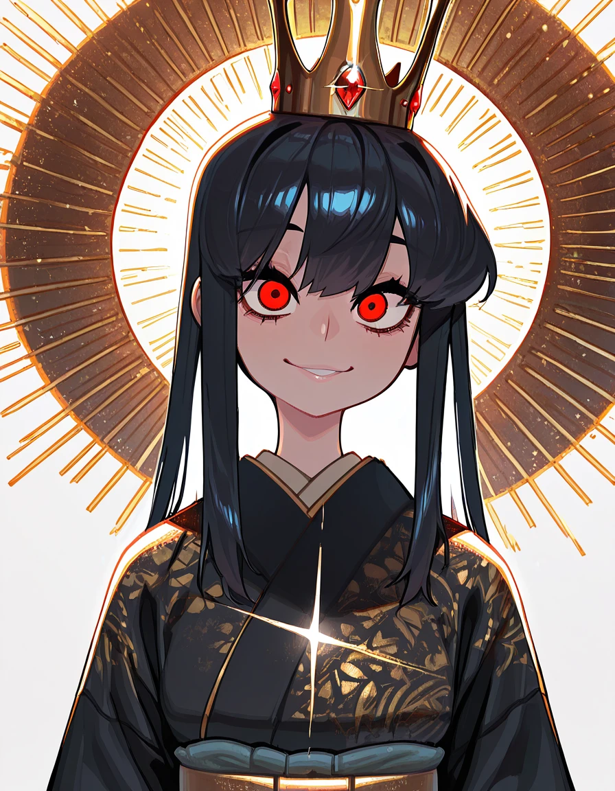 masterpiece, best quality, very aesthetic, high resolution, ultra-detailed, absurdres, newest, extremely detailed eyes, beautiful, perfect lighting, hi res, amazing quality, very awa, Brightly Lit, Highly Visible, 8k, sharp focus, beautiful, perfect lighting, volumetric lighting, scenery, painting_(artwork), 1girl, black hair, white background, smile, looking at viewer, simple background, japanese clothes, glint, bangs, long hair, upper body, kimono, sidelocks, crown,BASTR_STL
<lora:HerrscherAGGA2025_MINLAG_ALTR_V1:1>