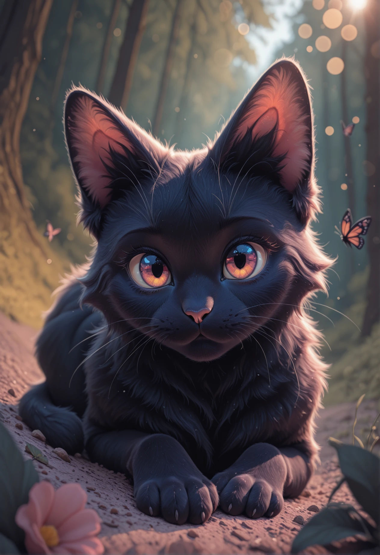 masterpiece, detailed_eyes, high_quality, best_quality, highres, subject_focus, depth_of_field,
animal, looking at viewer, black cat, fluffy fur, cuteness overload, bokeh, magical, nature, high_angle, action motion, joy, lying, high angle, dynamic, playful, butterfly