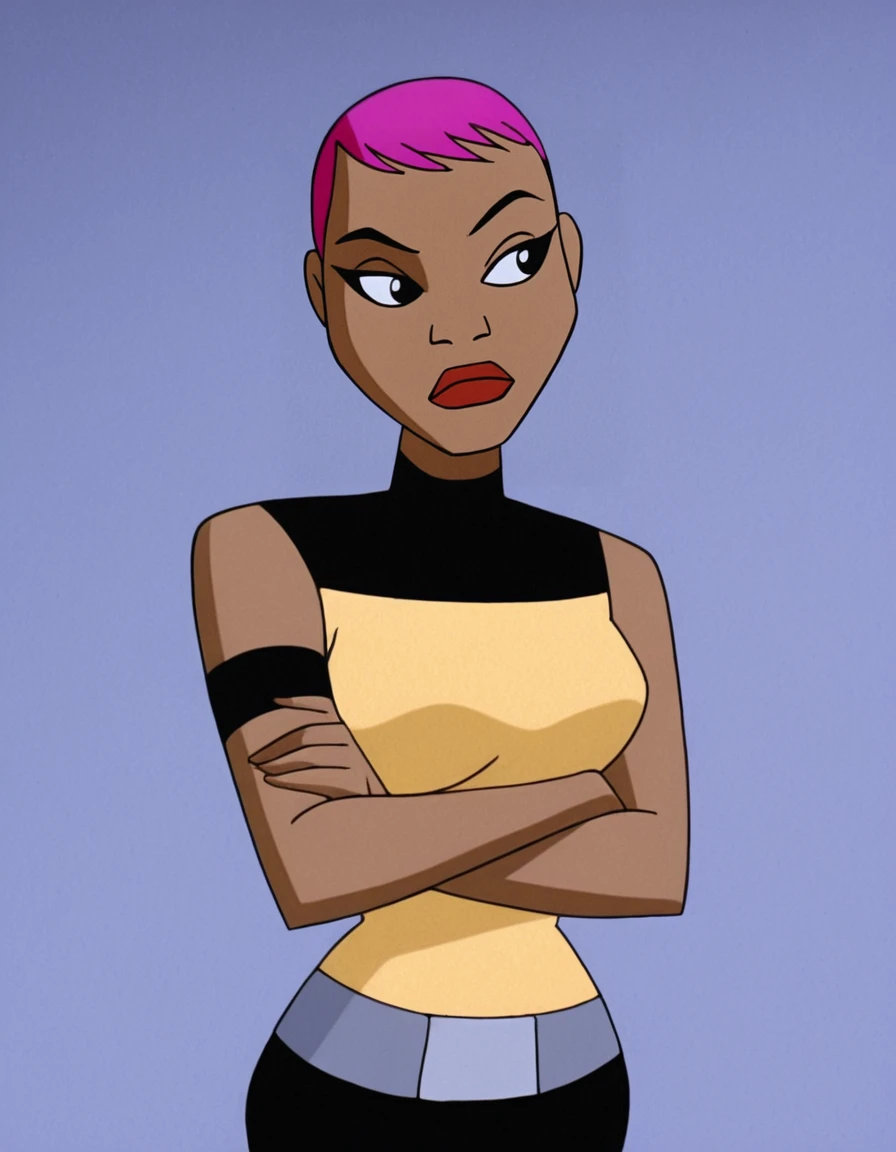 beautyfull slender woman, tall woman, lilac details, brown skin, sidecut big lilac hair, black lipstick, black jacket, purple bra