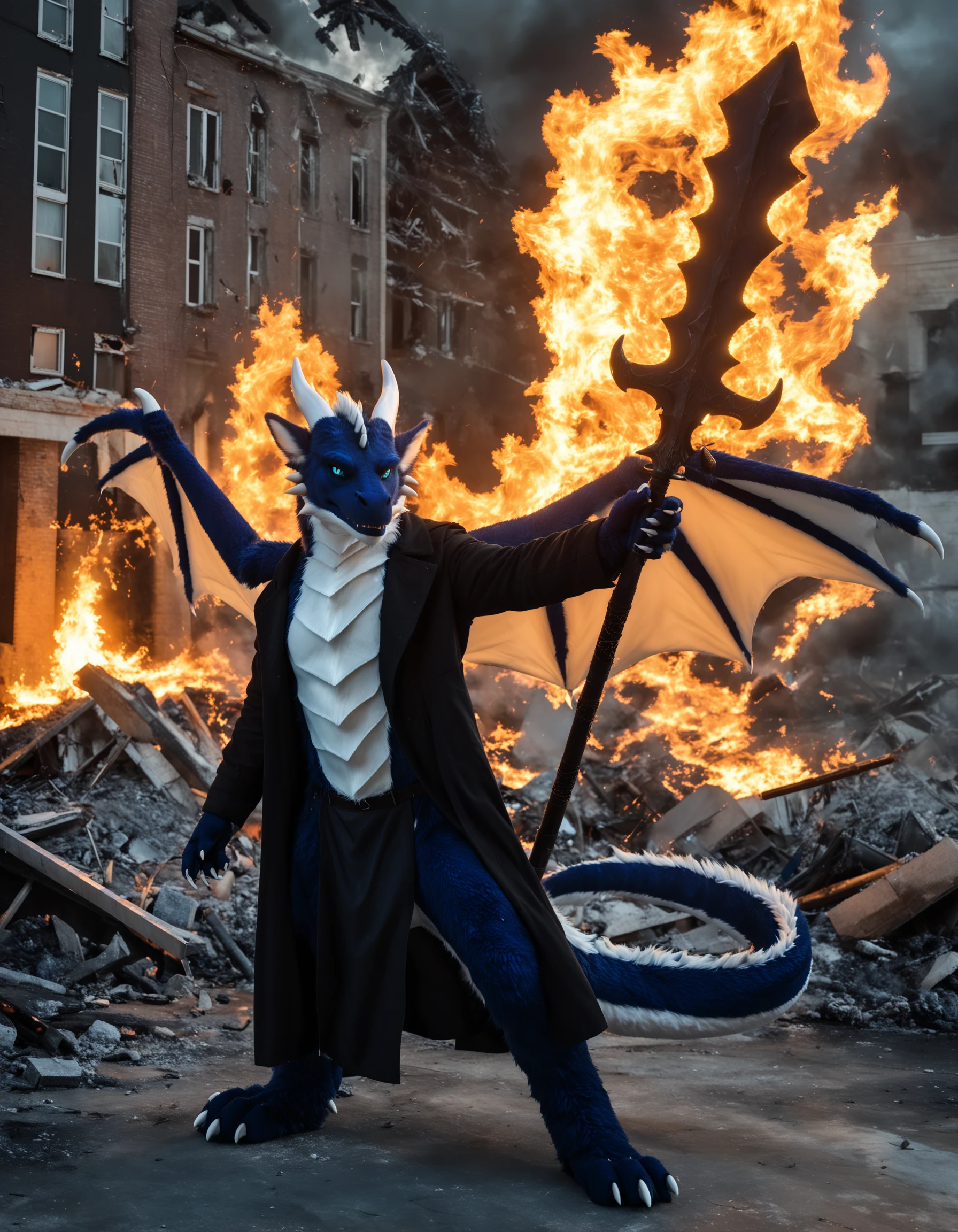 fursuit ,realistic fursuit,
A dark blue and white anthro dragon with sharp claws ,
holding huge glowing fire sword,
spread_wings, darkness,
outdoors, building_destruction,
horns,photorealistic,post-apocalyptic,
male focus,solo, black coat, furry,looking at viewer,