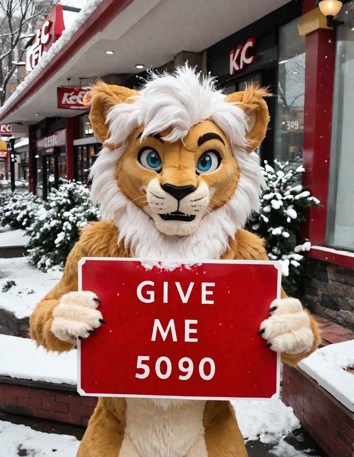 fursuit, toony fursuit,
anthro lion with blue eyes,
Standing in front of KFC,
The anthro lion held the sign and said "give ME 5090",
solo,snow,outdoors,furry male,