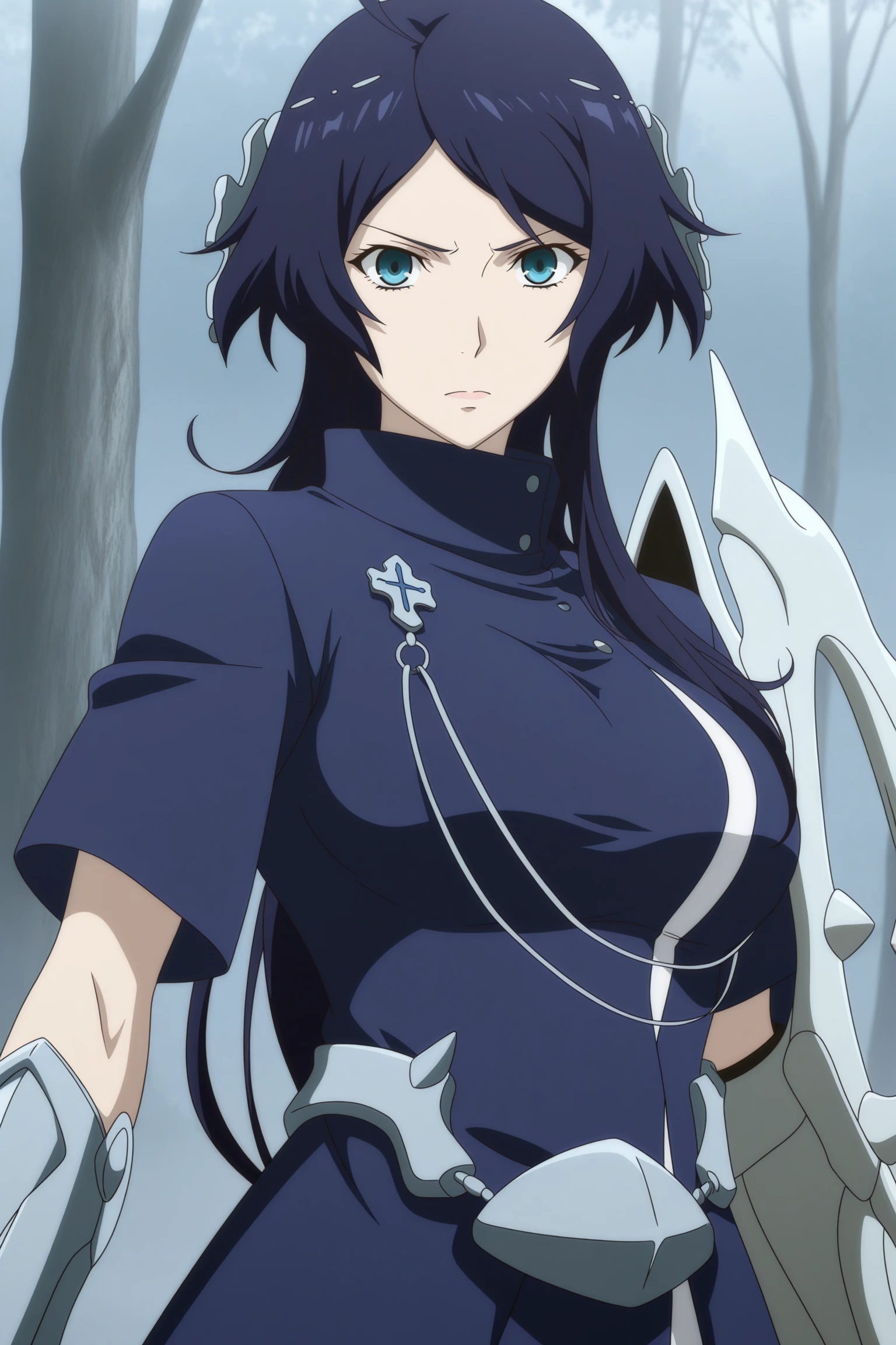 masterpiece, best quality, amazing quality, highres, absurdres, very aesthetic, high resolution, ultra detailed, perfect details, 1girl, solo, outdoors, forest, (fog:1.5), mora chester, very long hair, blue hair, head chain, cross hair ornament, ahoge, single sidelock, parted bangs, blue eyes, short sleeves, blue coat, long coat, jewelry, (single gauntlet:1.5), iron belt, armored boots, <lora:Mora_Chester_ILXL:0.8>, (aged up:1.2), (upper body:1.5), looking at viewer, serious, (anime coloring:1.2), (anime screencap:1.5), dynamic pose, from side
