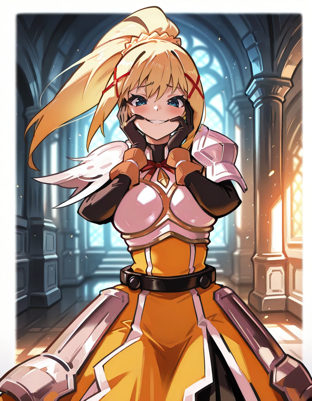 solo,
<lora:AEShakeeeeeeeee:1>
<lora:AEDarknessIlx:1.3> AEDarknessDef, blonde hair, blue eyes, braid, hair between eyes, high ponytail, long hair, sidelocks, x hair ornamet, black bodysuit, armored dress, yellow dress, red ribbon, boobplate, shoulder armor, faulds, black gloves, belt, long skirt, forced smile, female pervert, hands on own face,, masterpiece, best quality, high quality, highres, 4k, newest, anime,