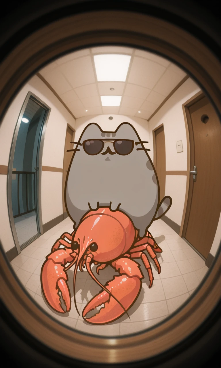 embedding:IllusP0s, pov peephole, riding lobster, fisheye, pusheen, fake mustache, aviator sunglasses,<lora:pov peephole_riding lobster_fisheye_illustrious.safetensors:1.0:1.0> <lora:PusheenIXL.safetensors:1:1>