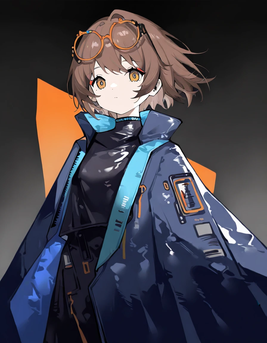 1girl,solo,simple background,(alternate costume:1.5),rhodesisland suit,coat,open clothes,<lora:rhodesisland suit-000022:1.1>,looking at viewer,<lora:qianqiu:0.8>,qianqiu,eyewear on head,blue coat intake,, masterpiece, best quality, very aesthetic, absurdres,newest, incredibly absurdres,