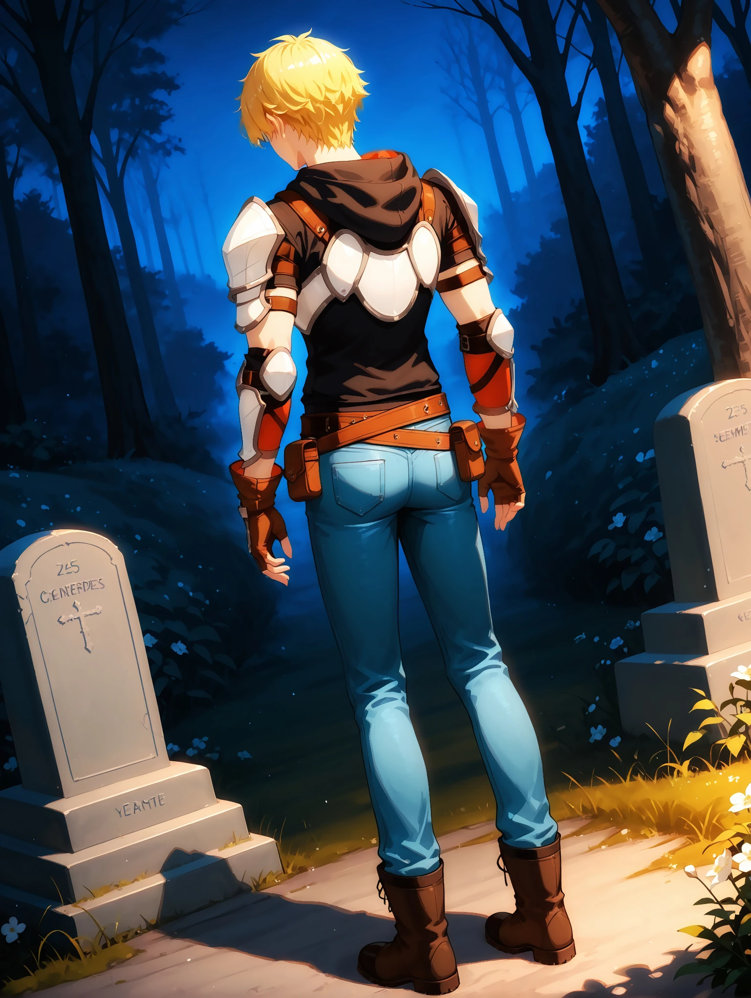 masterpiece, very aesthetic, best quality, amazing quality, dynamic angle, solo, 25 years old, imtdjaunearcil, 1boy, fit body, blonde hair, short hair, armor, gloves, pants, belt, hood, fingerless gloves, brown gloves, jeans, denim, hoodie, hood down, shoulder armor, boots, beautiful background, dark background, night, nature, from behind, face away, cemetery, in a cemetery, in front of a grave, grave, showing condolences, sad atmosphere, flowers on the grave,