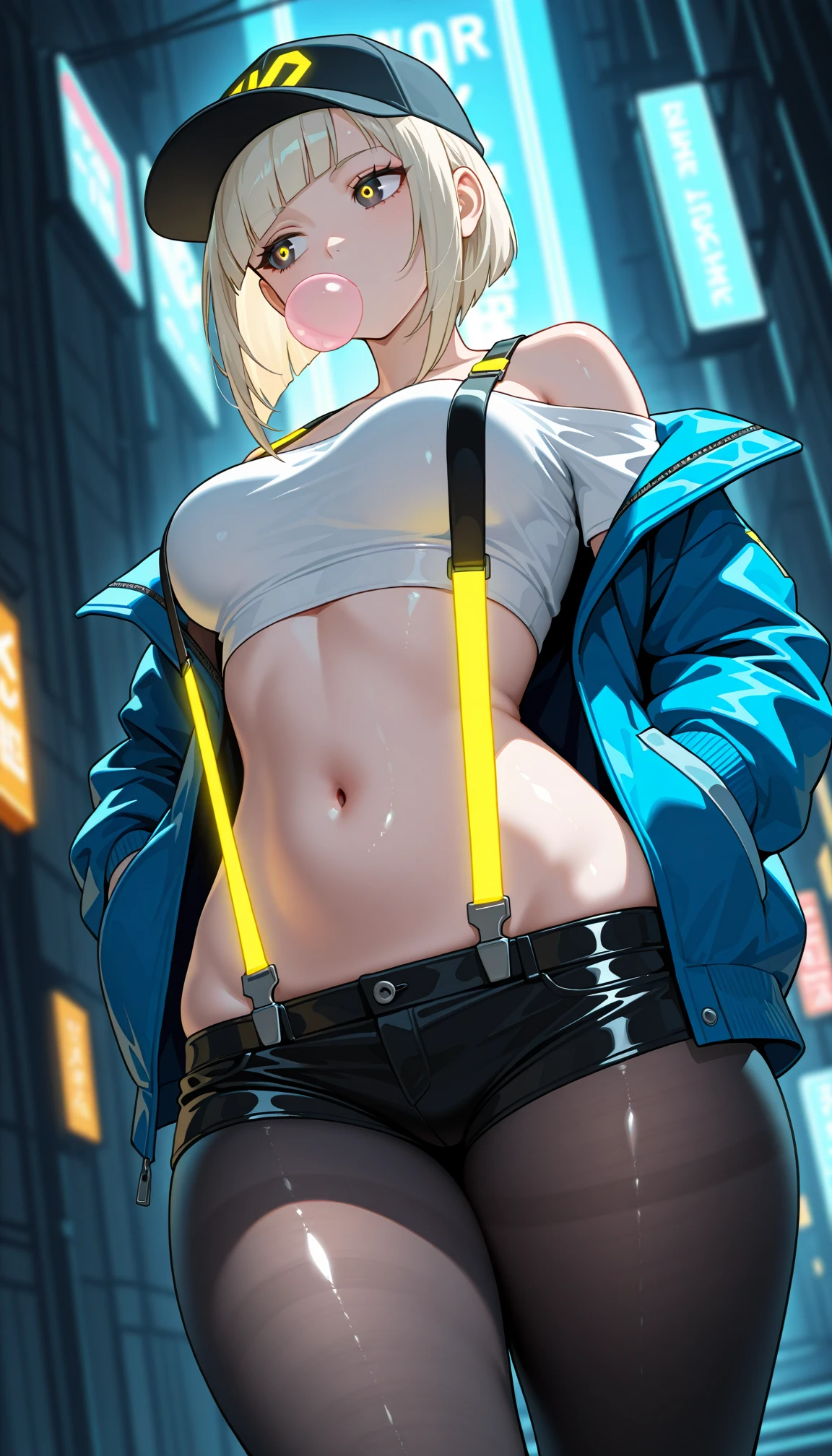 1girl, (see-through:1.1),wet,breasts,sweat, from side,twintails, thighhighs, ass,solo, cleavage, jacket, blue eyes, looking at viewer, open jacket, open clothes, crop top, long hair, belt, v, pouch, navel, yellow jacket, yellow hair, black thighhighs, clothing cutout, cleavage cutout, (cleavage:1.2),headphones around neck, long sleeves, cowboy shot,nail polish, blue nails,sleeveless, goggles around neck, big breasts, midriff, (Thong:1.1),belt pouch, off shoulder, huge breasts, bangs, (cameltoe:1.4),headphones, thighs, closed mouth,ass
