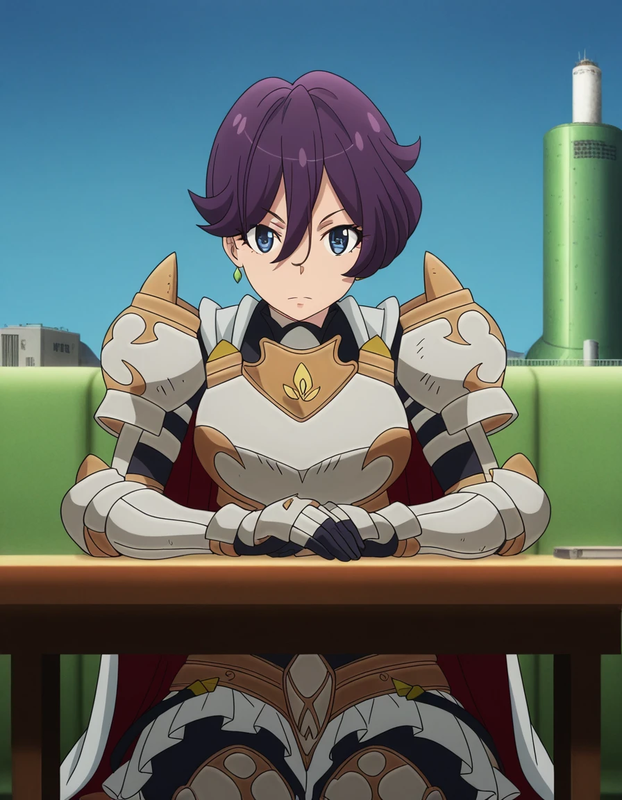 masterpiece, best quality, amazing quality,, <lora:beefeater-e-caty-s2-illustriousxl-lora-nochekaiser:1>, beefeater e caty, short hair, purple hair, blue eyes, hair between eyes, mature female, medium breasts, anime screencap, skirt, gloves, cape, armor, shoulder armor, gauntlets,, sitting, elbow rest, table,, nuclear powerplant, radiation, cooling_towers, danger, energy, cowboy shot, solo, looking at viewer