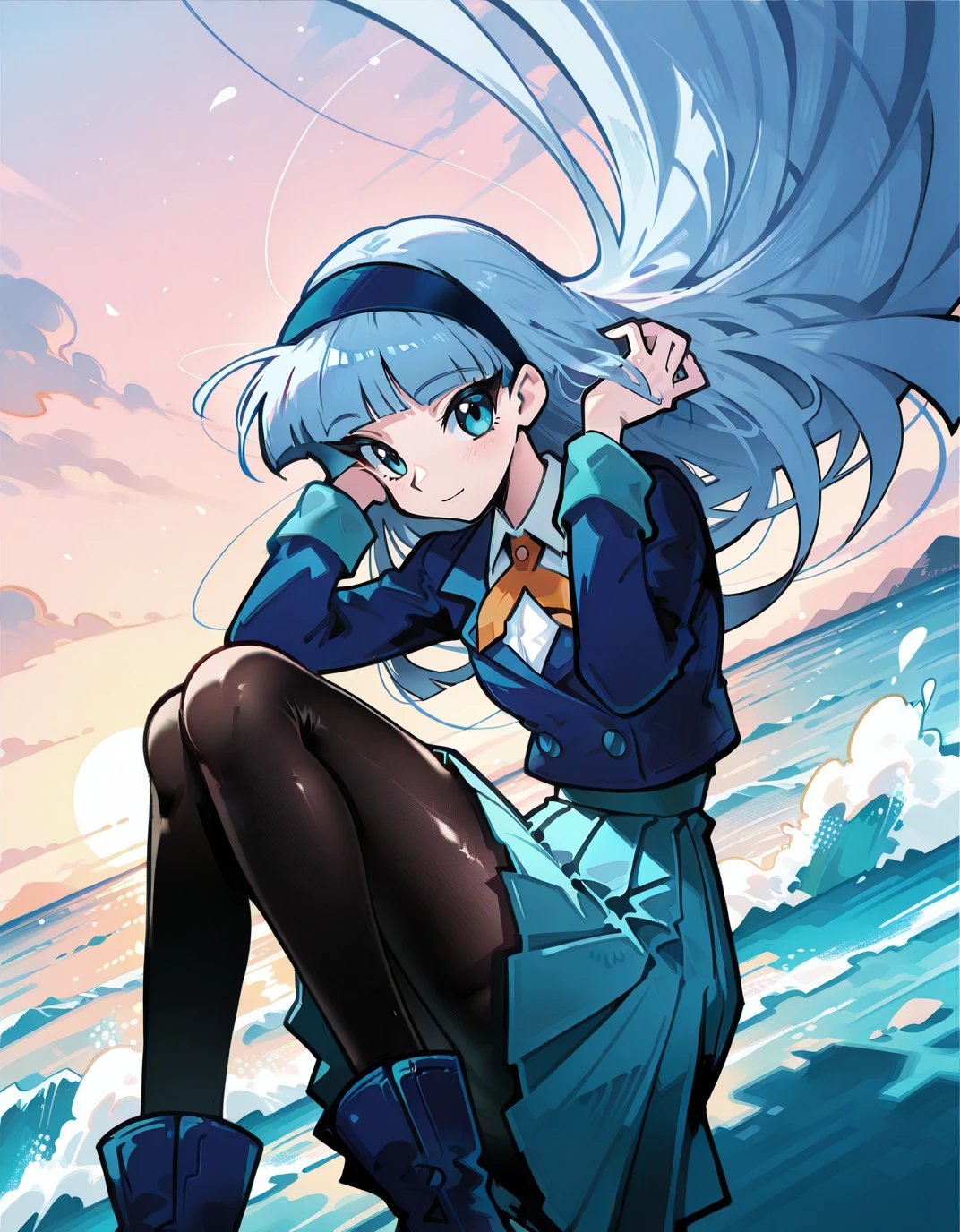 solo,
<lora:AEShakeeeeeeeee:1>
<lora:AEUmiIlx:1> AEUmiDef, blue eyes, blue hair, blunt bangs, long hair, blue hairband, school uniform, blazer, blue jacket, long sleeves, collared shirt, orange ribbon, white shirt, blue skirt, pleated skirt, black pantyhose, blue footwear, boots, light smile, hand in own hair, ocean,, masterpiece, best quality, high quality, highres, 4k, newest, anime,