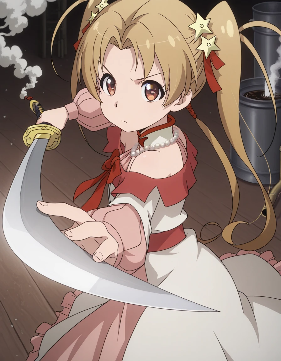 masterpiece, best quality, amazing quality,, <lora:sherry-tueli-s2-illustriousxl-lora-nochekaiser:1>, sherry tueli, long hair, brown hair, hair ornament, twintails, brown eyes, star (symbol), star ornament, anime screencap, dress, bare shoulders, jewelry, necklace, frills, long sleeves,, <lora:gatotsu-stance-illustriousxl-lora-nochekaiser:1>, gatotsu stance, weapon, sword, katana, holding weapon, holding, holding sword, foreshortening,, refinery, pipes, smoke, metal, oil, cowboy shot, solo, looking at viewer