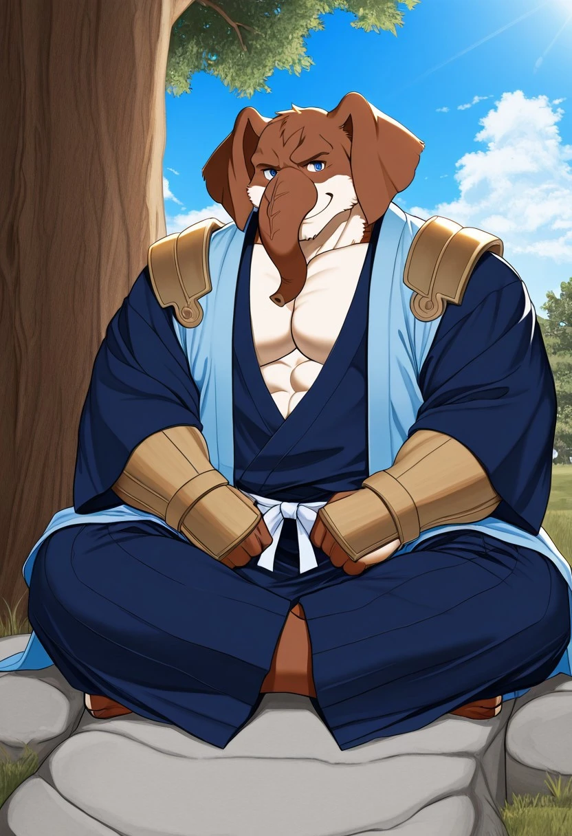 score_9,score_8_up,score_7_up,score_6_up, furry,male,anthro,elephant ,proboscis,,Smile gently full body complete , solo,male Tall​,Has the power of blue flames within it.,Meditate and relax, blue sakura​ Tree Garden, detailed eyes, proportionate body, Scar, easynegative, un1p4r451t3, Sandaimura kagehime, human elephant , blue eyes, blue kimono, haori , shoulder pauldrons, reed gauntlets,Meditate first, fully clothed, muscular male, buff, broad chest, broad shoulders, (a heavyweight bodybuilder 1.4) (hyper muscle:1.3), big abs, big pecs, big biceps, big calves, big thighs, veiny muscles, veins, anthro, alpha male, handsome, masculine, muscular, perfect face,