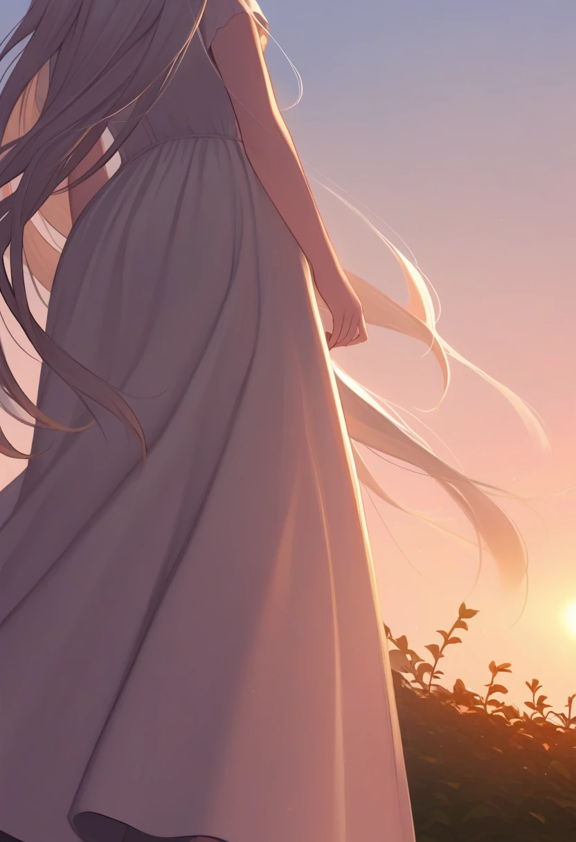 close-up,dynamic_angle,1girl,solo, long flowing hair, standing, gracefully,garden, long dress,soft glow,setting sun, peaceful atmosphere,
masterpiece, best quality