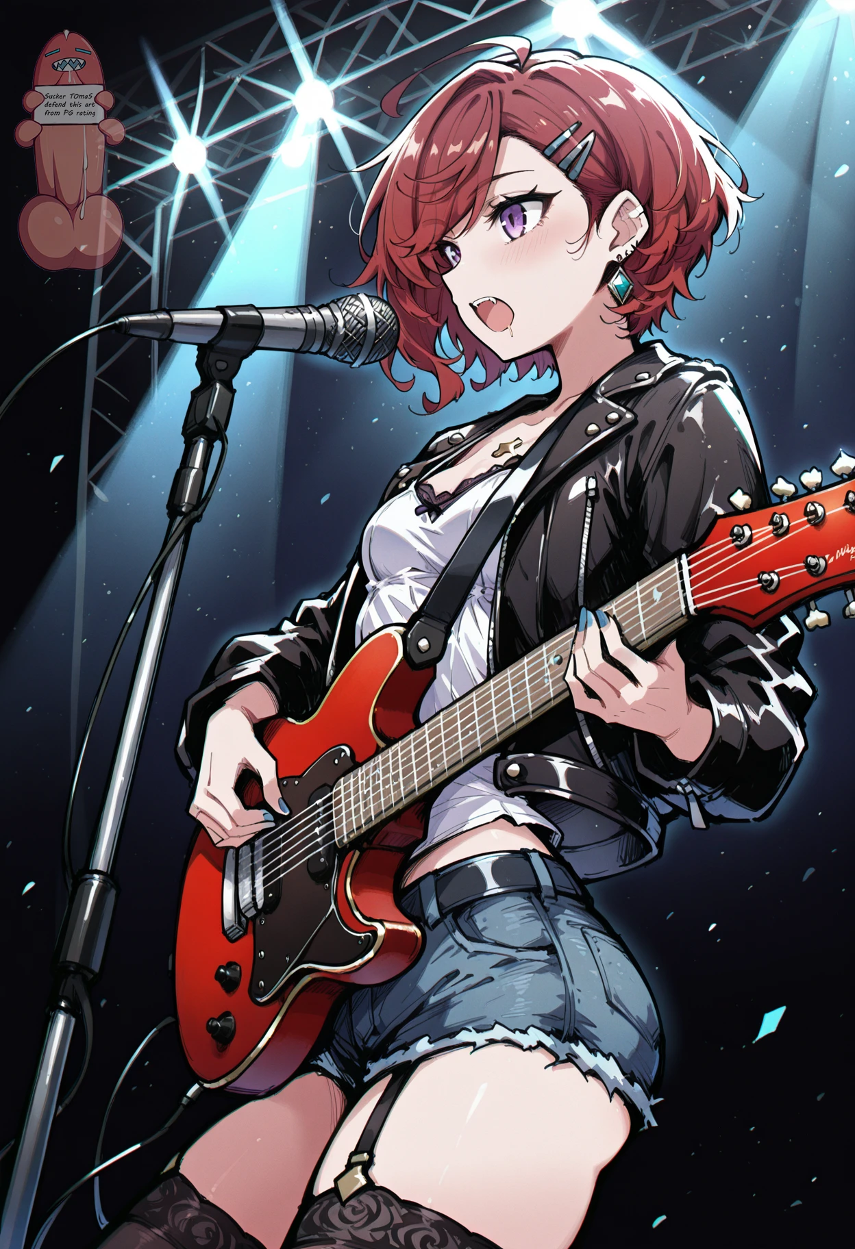 highest quality、4k、masterpiece、Red Hair、short hair、Slanted Eyes、blue eyes、Black camisole、Large breasts、Short pants、Electric guitar、live house、Beautiful stage、Neon Light、Sweating、Wink、Singing desperately、Mouth open、Mike stand