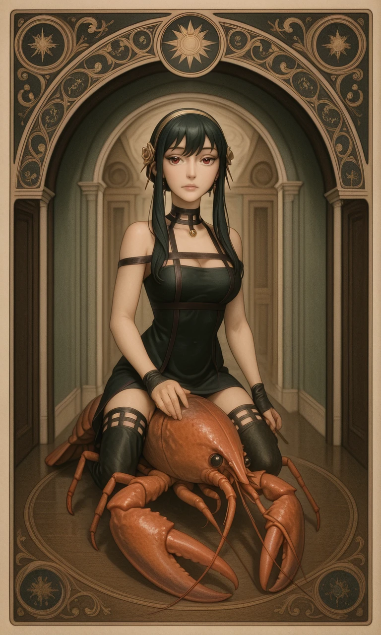 embedding:IllusP0s, pov peephole, riding lobster, fisheye art nouveau, tarot_\(medium\), 1girl, yor_briar_\(spy x family\),<lora:art_nouveau_tarot_medium_illustrious.safetensors:1.0:1.0> <lora:pov peephole_riding lobster_fisheye_illustrious.safetensors:1:1>