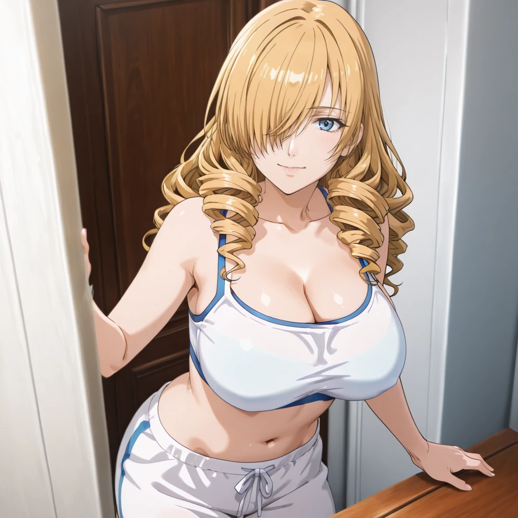 <lora:Oriana_illustrious_v1:.8> Oriana, 1girl, large breasts, solo, blonde hair, long hair, drill hair, hair over one eye, blue eyes, cowboy shot, <lora:camihalf_IL:1> camihalf,white sports bra,blue bra strap,