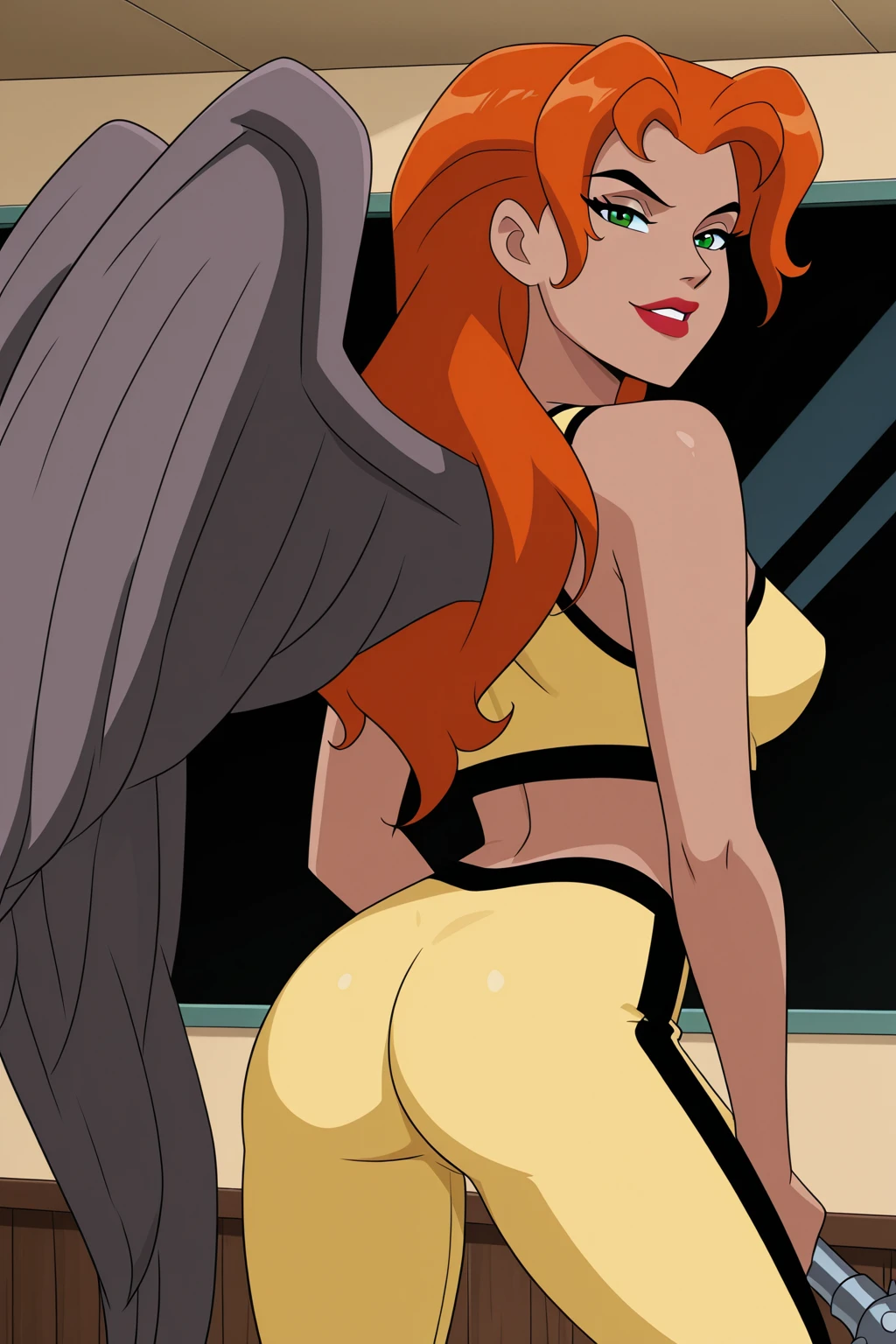 score_9, score_8_up, score_7_up, source_anime,
giganta, giganta, blue eyes, red hair, dark skin, 1girl, solo dark-skinned female, makeup, lipstick, ponytail,
dress, jewelry, earrings, bracelet, pink dress, eyebrows raised, seductive smile, looking at viewer
indoors, bent over, pantyshot, white panties, frilly panties, lifting dress, dress all the way up, big butt, full view, side view, rear view