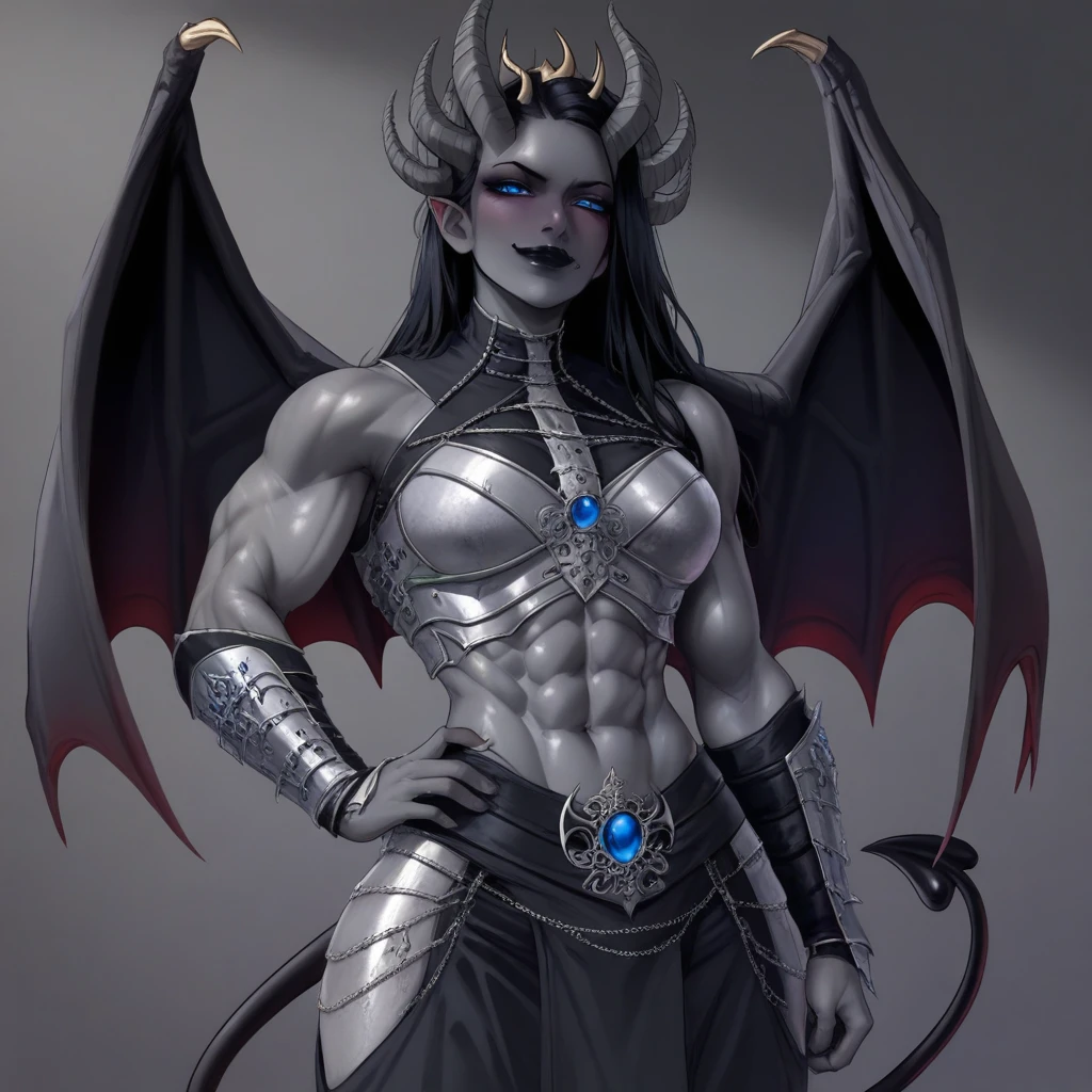 masterpiece, best quality, newest, absurdres, highres, DFV1.0, 1girl, grey skin, grey colored skin, demon girl, succubus, demon horns, horns, demon wings, demon tail, wings, muscular, muscular female, black hair, long hair, armor, midriff, abs, smug, blue eyes, multiple horns, closed mouth, black lips, black lipstick, blue eyes, goth, gothic, goth girl