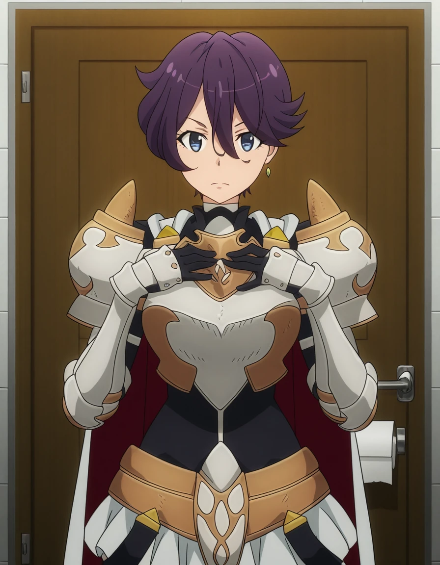 masterpiece, best quality, amazing quality,, <lora:beefeater-e-caty-s2-illustriousxl-lora-nochekaiser:1>, beefeater e caty, short hair, purple hair, blue eyes, hair between eyes, mature female, medium breasts, anime screencap, skirt, gloves, cape, armor, shoulder armor, gauntlets,, hands on own chest,, toilet stall, privacy, tiles, toilet_paper, door, cowboy shot, solo, looking at viewer