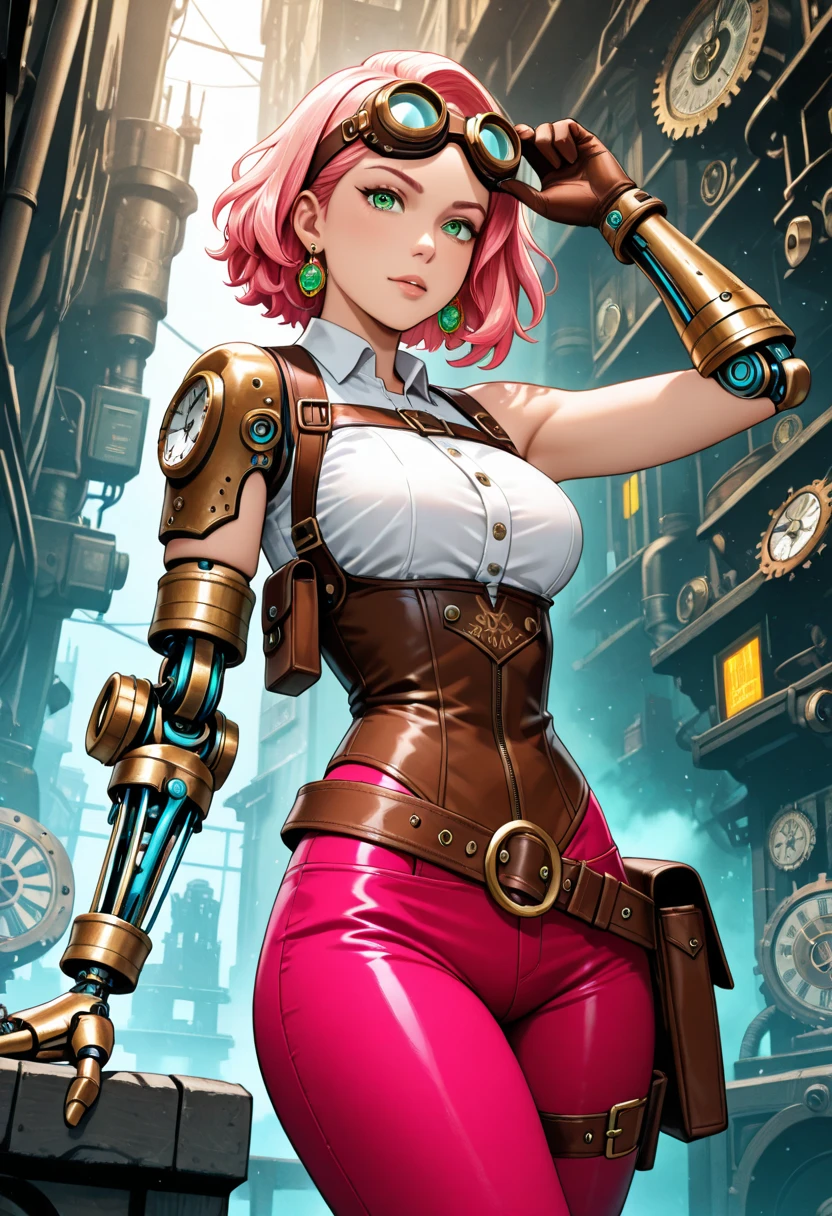 Dirty female elf mechanic,Complex mechanical room 1 girl, (Solo:1.5), Full body shot,, Wear only one overalls,, Blue eyes ,Slim figure,Large breasts, Glasses, Hair combed into a messy bun,Golden hair,slimfigure,rimless eyewears,Covered in oil,Dimly lit room。A pink-haired