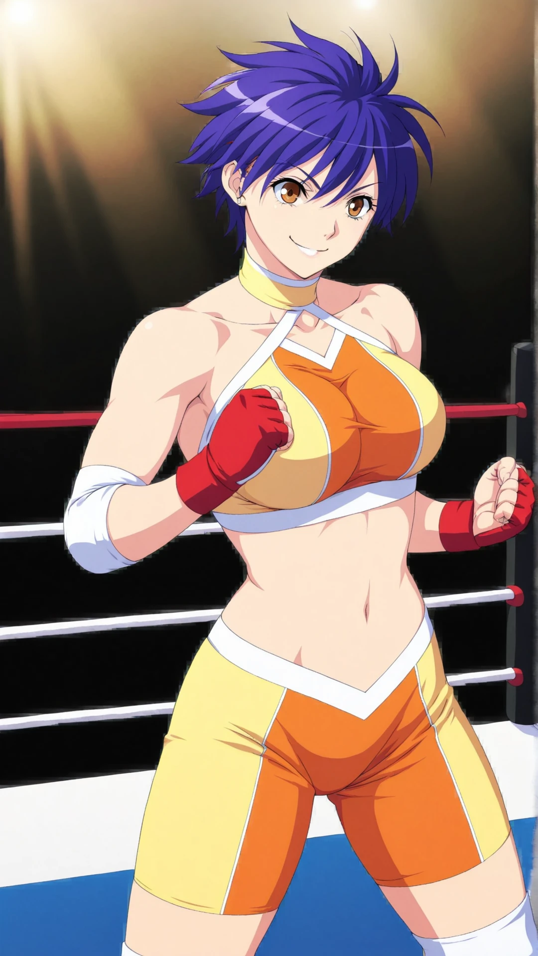 ((double bra, black bikini only, ((laid)), very little biceps, big breasts), (((wrestling arena))), spotlights, upper body view, please prioritize (best quality, 4k, 8k, highres, masterpiece:1.2), ultra-detailed, and (realistic, photorealistic, photo-realistic:1.37) rendering. ((looking at the viewer)), ((black bikini only)), groin, ultra detailed face, perfect anatomy, 8k, perfect body proportions, highest quality, 1girl, solo, happy, smile, ERZASCARLET, cleavage, off-shoulder, tall girl, (shiny hair), detailed red hair, (short hair, him cut), open mouth, very big eyes, long belly, wide shoulders, For the image quality, To enhance the visuals, add HDR, UHD, studio lighting, ultra-fine painting, sharp focus, physically based rendering, extreme detail description, professional, vivid colors, fingerless gloves, large breasts