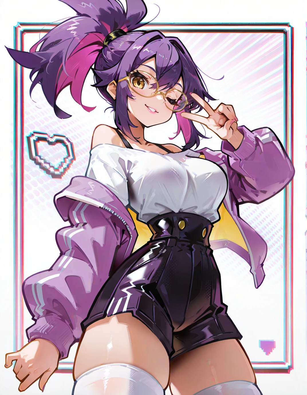 solo,
<lora:AEShakeeeeeeeee:1>
<lora:AESumire:0.8> AESumire, colored inner hair, hair between eyes,pink lips, ponytail, purple hair, sidelocks, yellow eyes, bra strap, glasses, high-waist shorts, purple jacket, off-shoulder shirt, shirt tucked in, white shirt, white thighhighs, one eye closed, gyaru v, smile, portrait, standing,, masterpiece, best quality, high quality, highres, 4k, newest, anime,