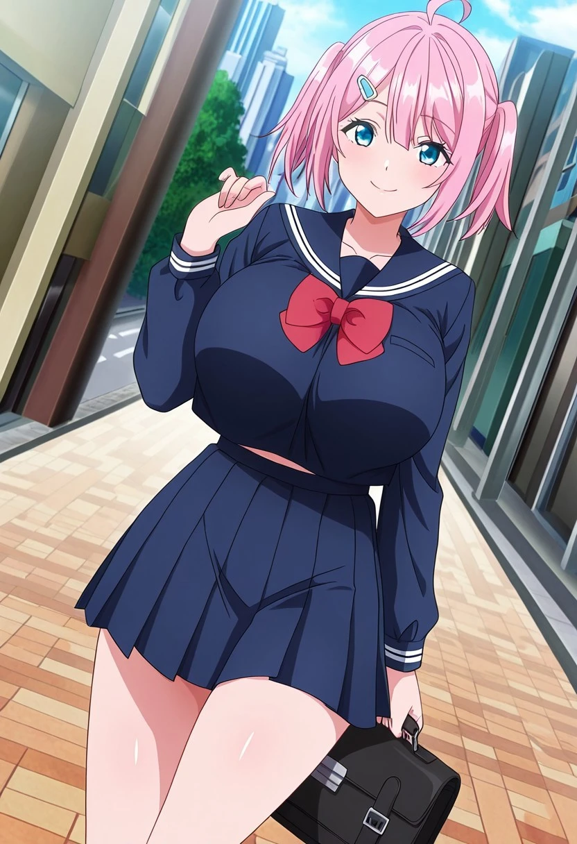 school uniform, skirt, medium size breasts, blushing, smiling, heavenly thighs, pink panties, laced panties, white blouse, red ribbon, showing her underwear, puta